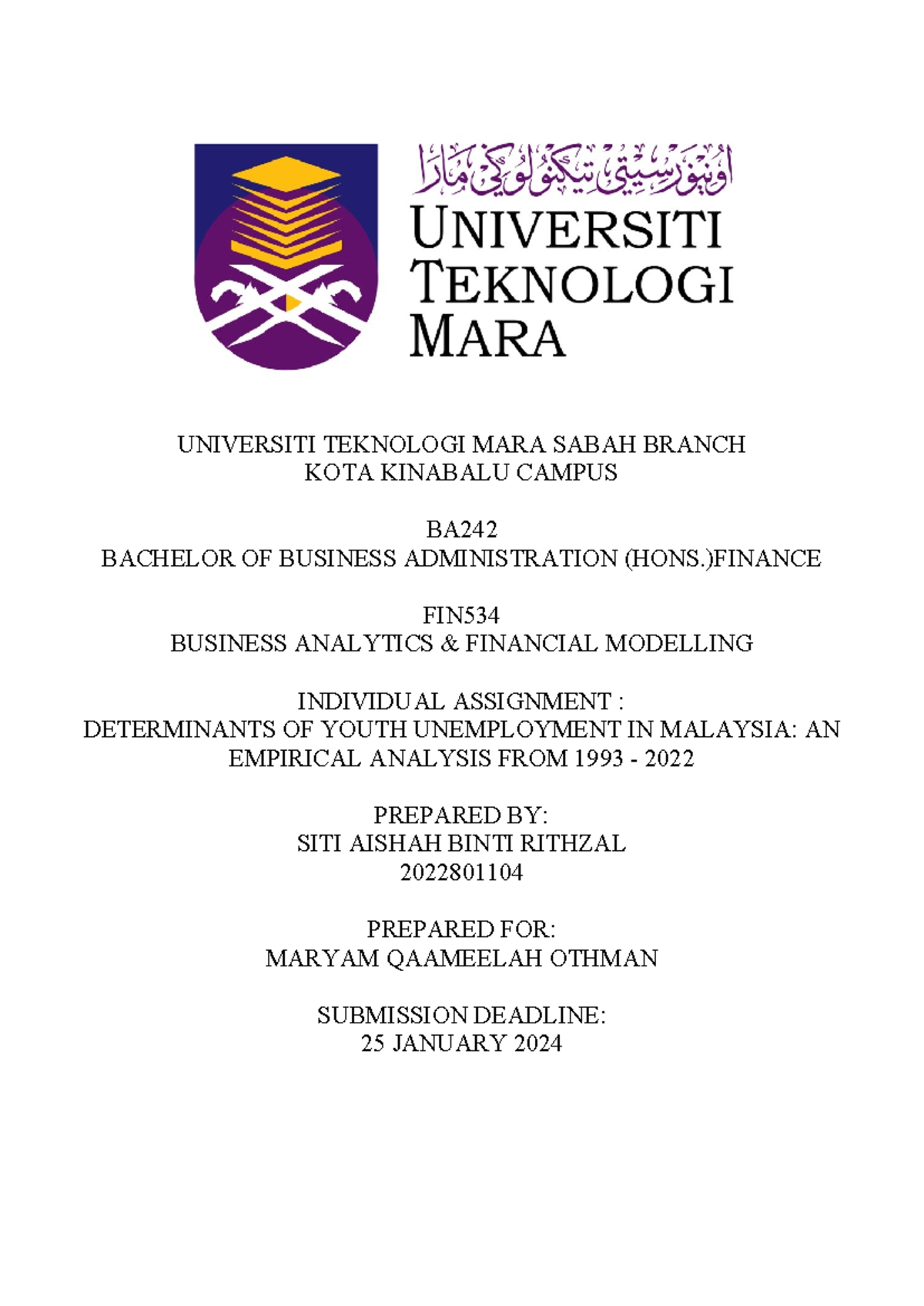 FIN534 Regression Report - UNIVERSITI TEKNOLOGI MARA SABAH BRANCH KOTA ...