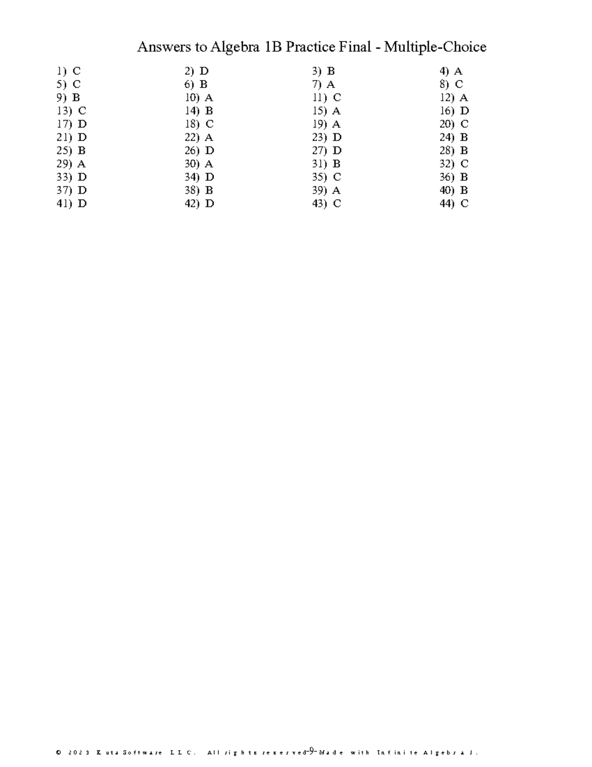 Algebra+1B+Practice+Final+-+Multiple-Choice+[Answer+Key] - ©K t 2 p 0 I ...