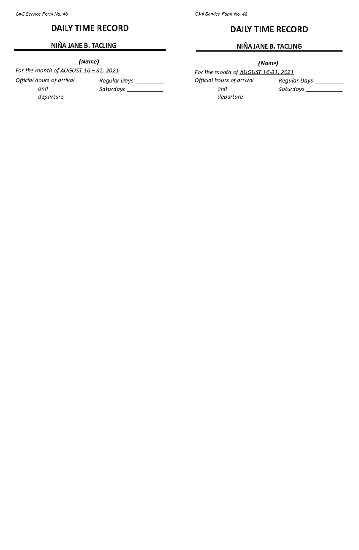 DTR softcopy - dtr example for every individual who needs a soft copy ...