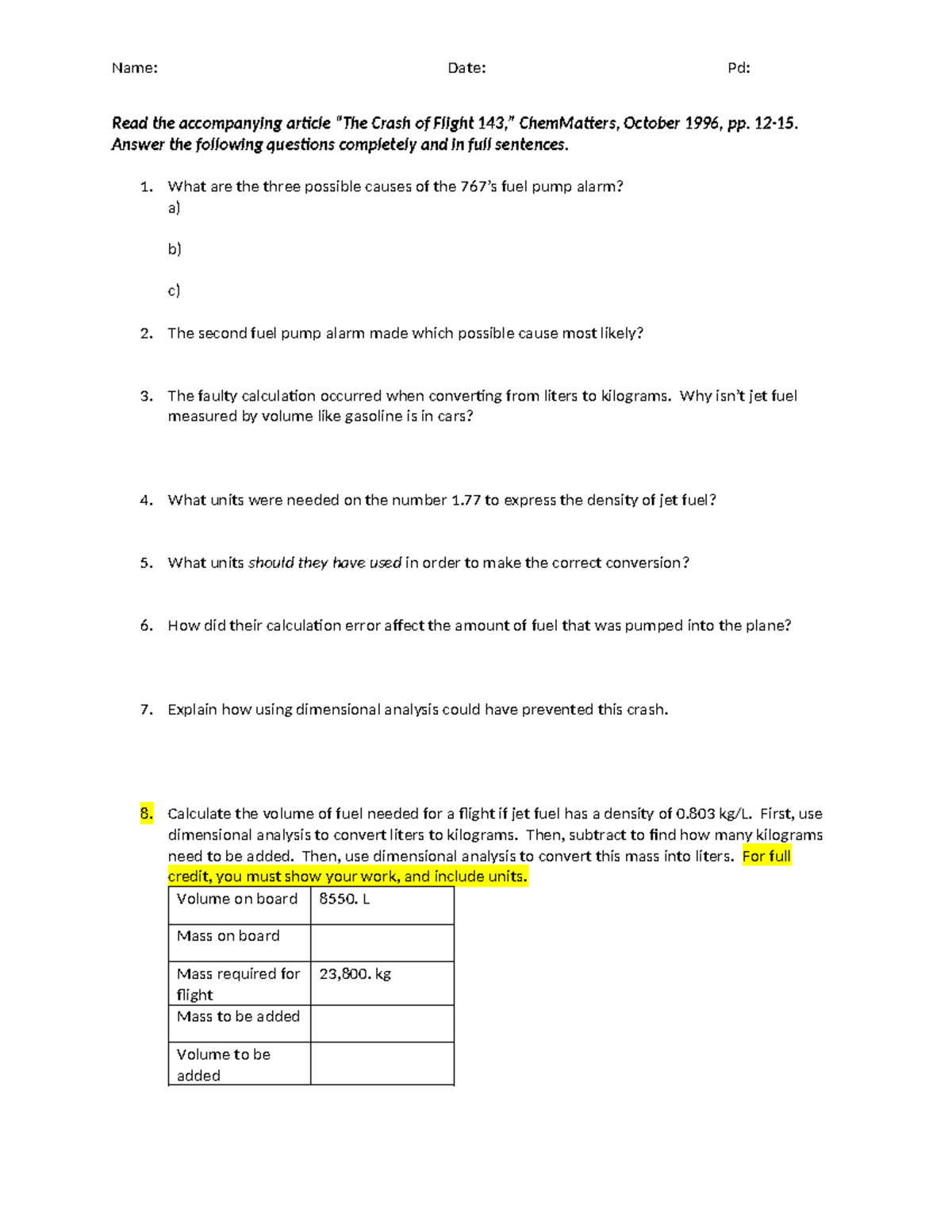 4 Dimensional Analysis and Crash of Flight 143 Q's Name Date Pd Read the