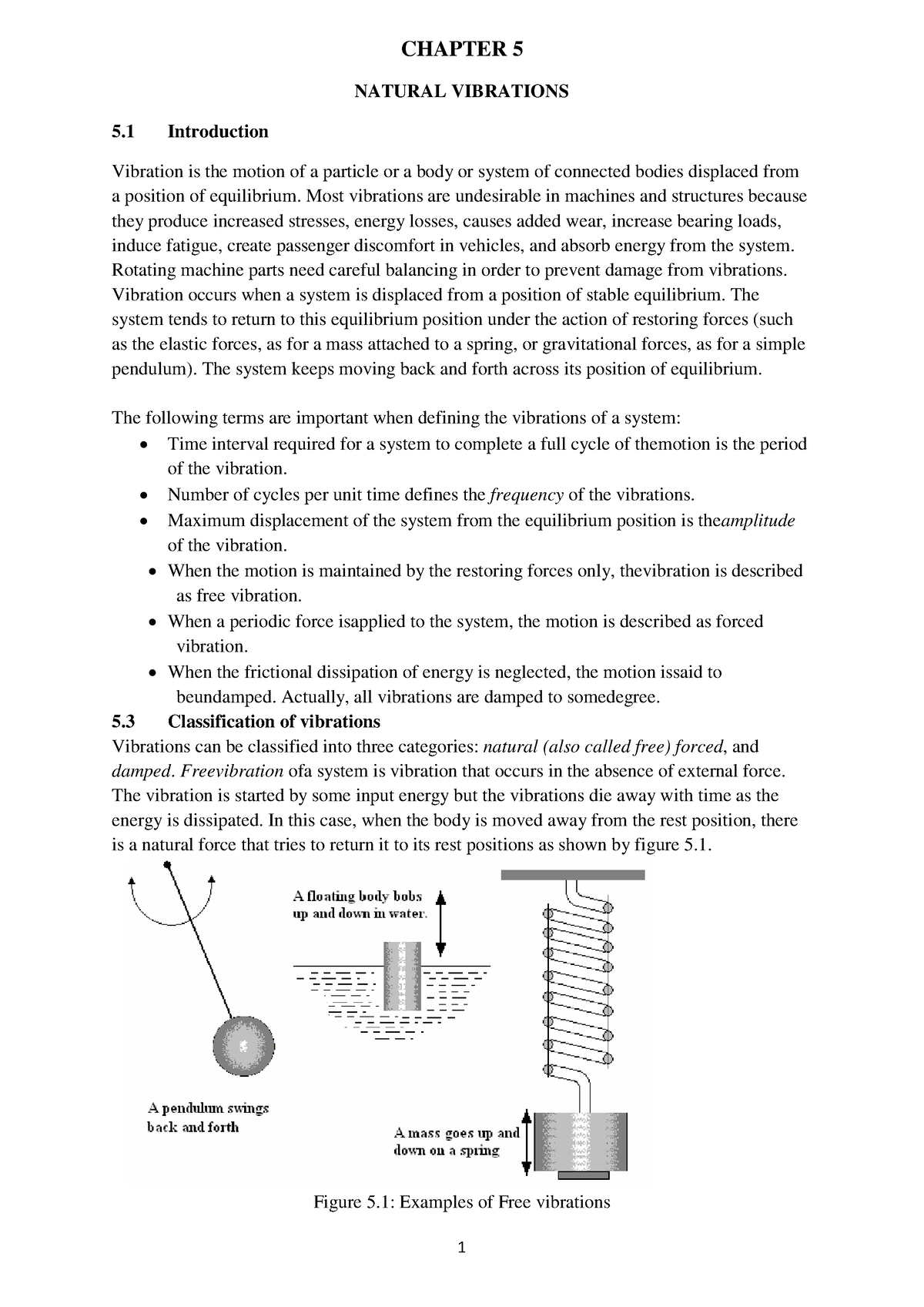 4 - VIBRATIONS - CHAPTER 5 NATURAL VIBRATIONS 5 Introduction Vibration ...