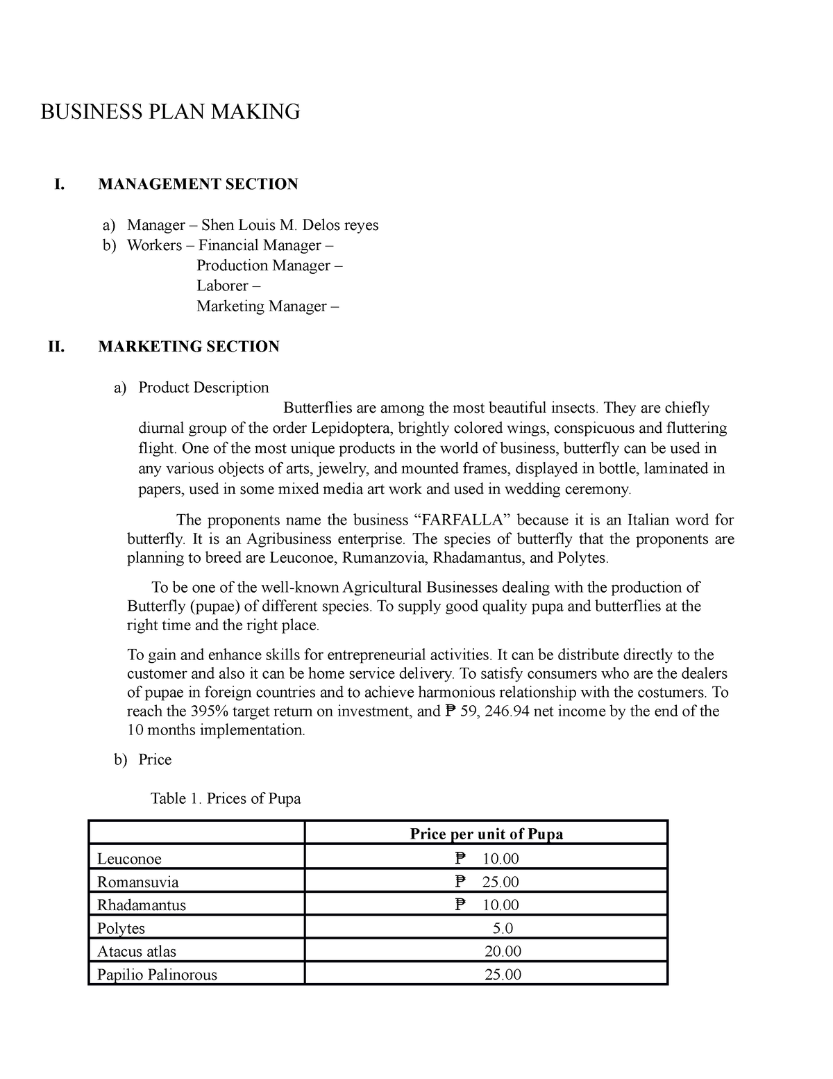 business plan making management section example