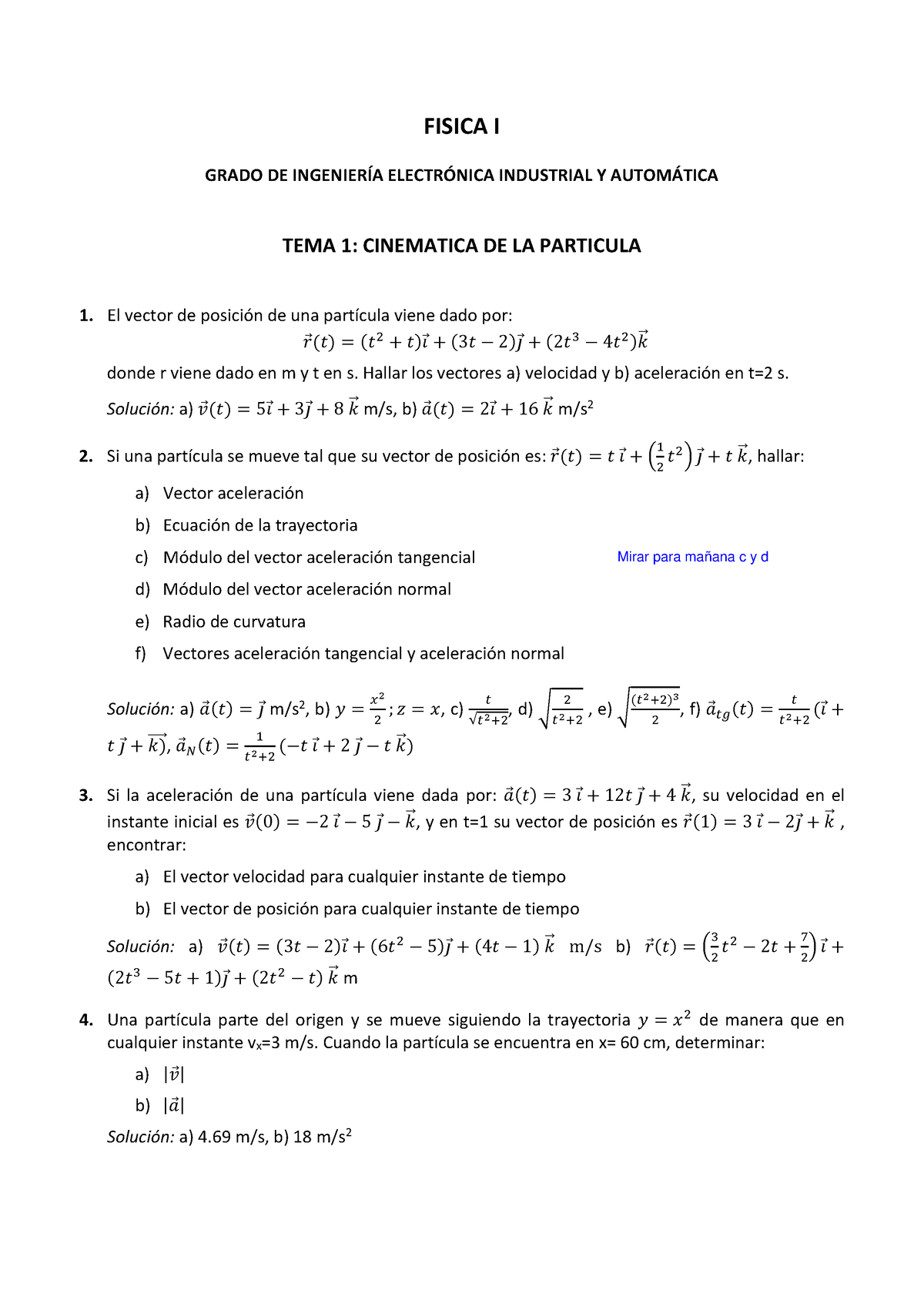 Problemas Tema 1 - Ejercicios De Cinematica - FISICA I GRADO DE ...