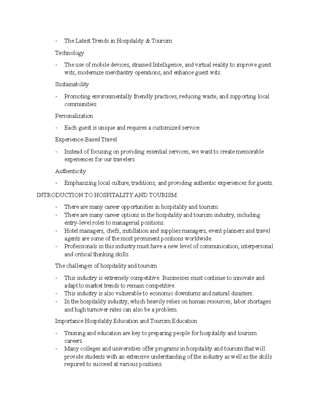 HTR 110 Notes 2 - Hospitality-tourism industry: hotels, resorts ...