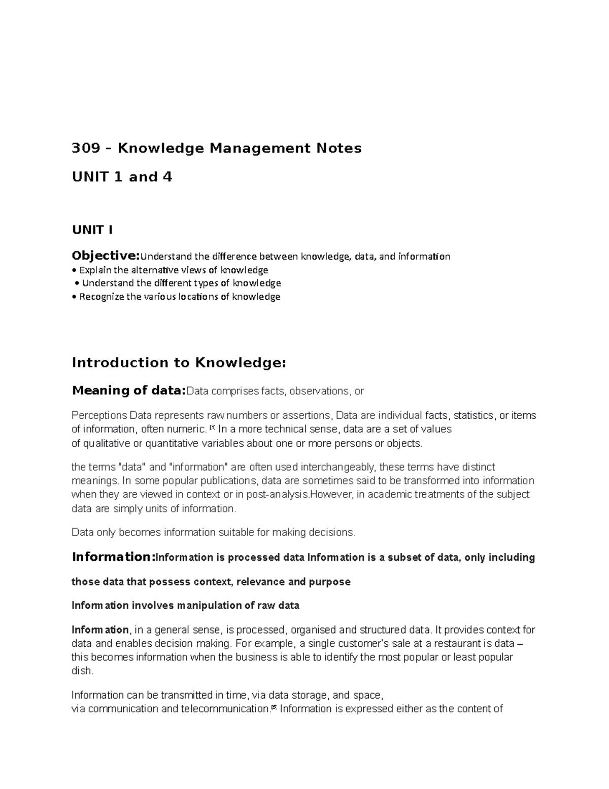 KM Notes(Unit 1and 4) - ASSIGNMENT ASSIGNMENT - 309 – Knowledge ...