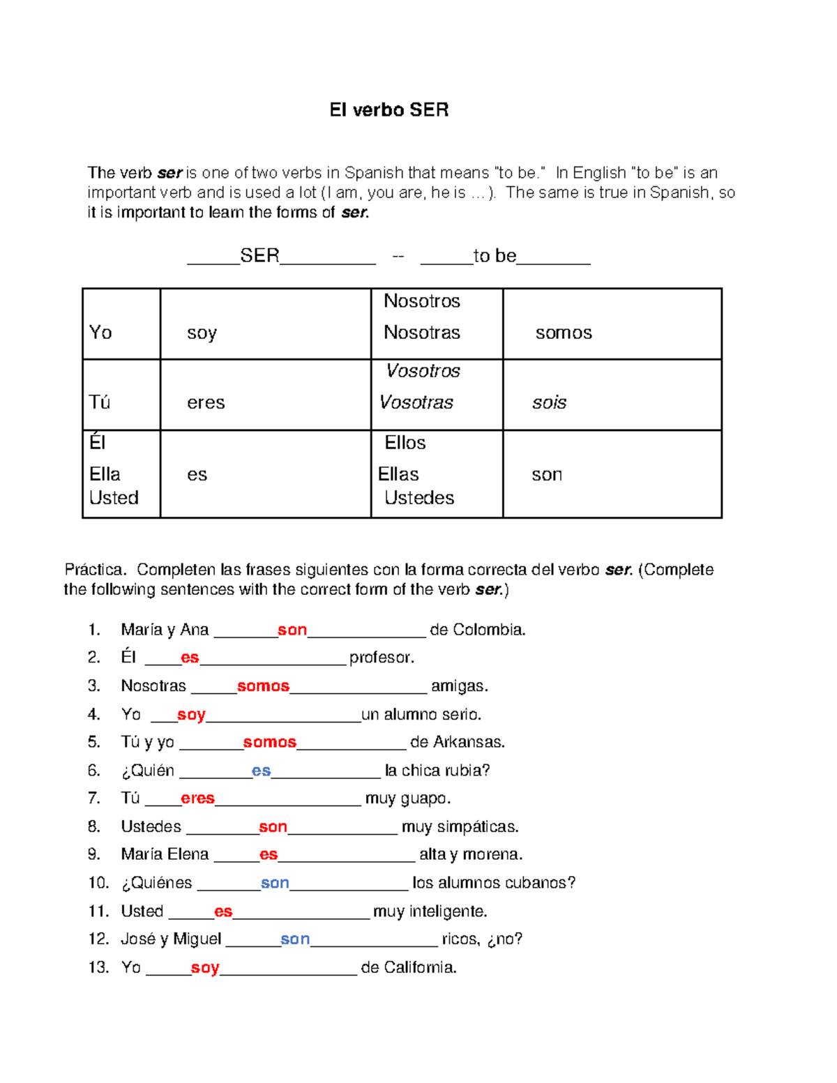 SER (1).pdf (correct Answer Doc - El Verbo SER The Verb Ser Is One Of ...