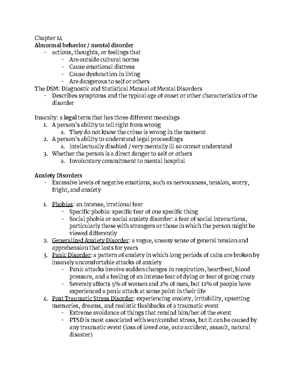 Final Exam Studyguide - Chapter 14 Abnormal Behavior / Mental Disorder ...