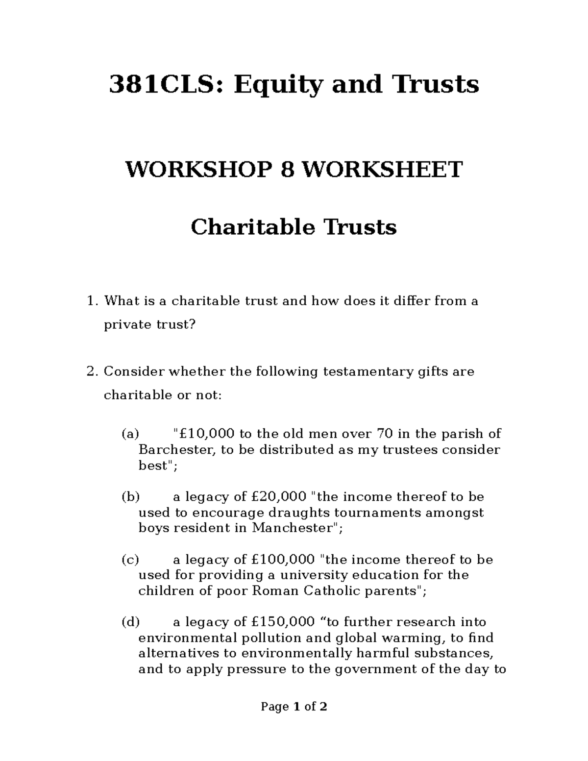 Workshop 8 - Charitable Trusts - 381CLS: Equity and Trusts WORKSHOP 8 ...