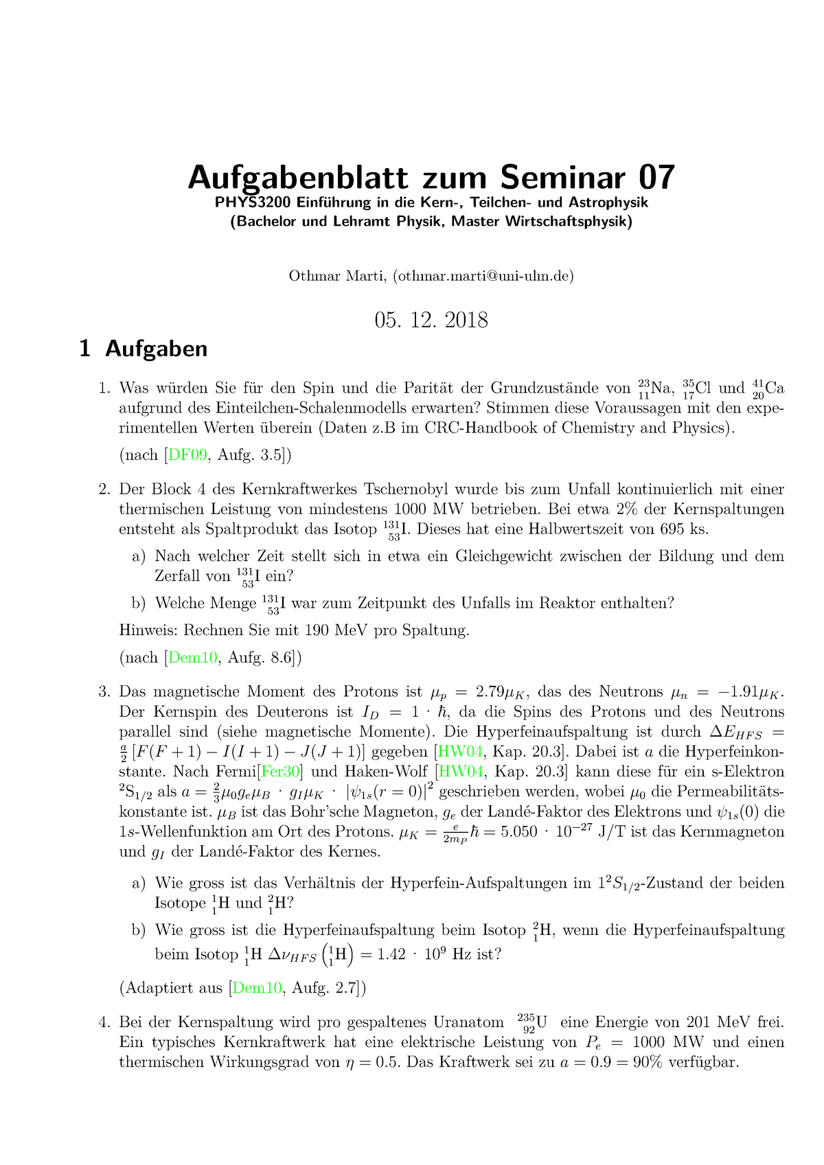 Aufgabenblatt 07 Zu Den Seminaren Vom 05. 12. 2018 Mit L”sungen ...