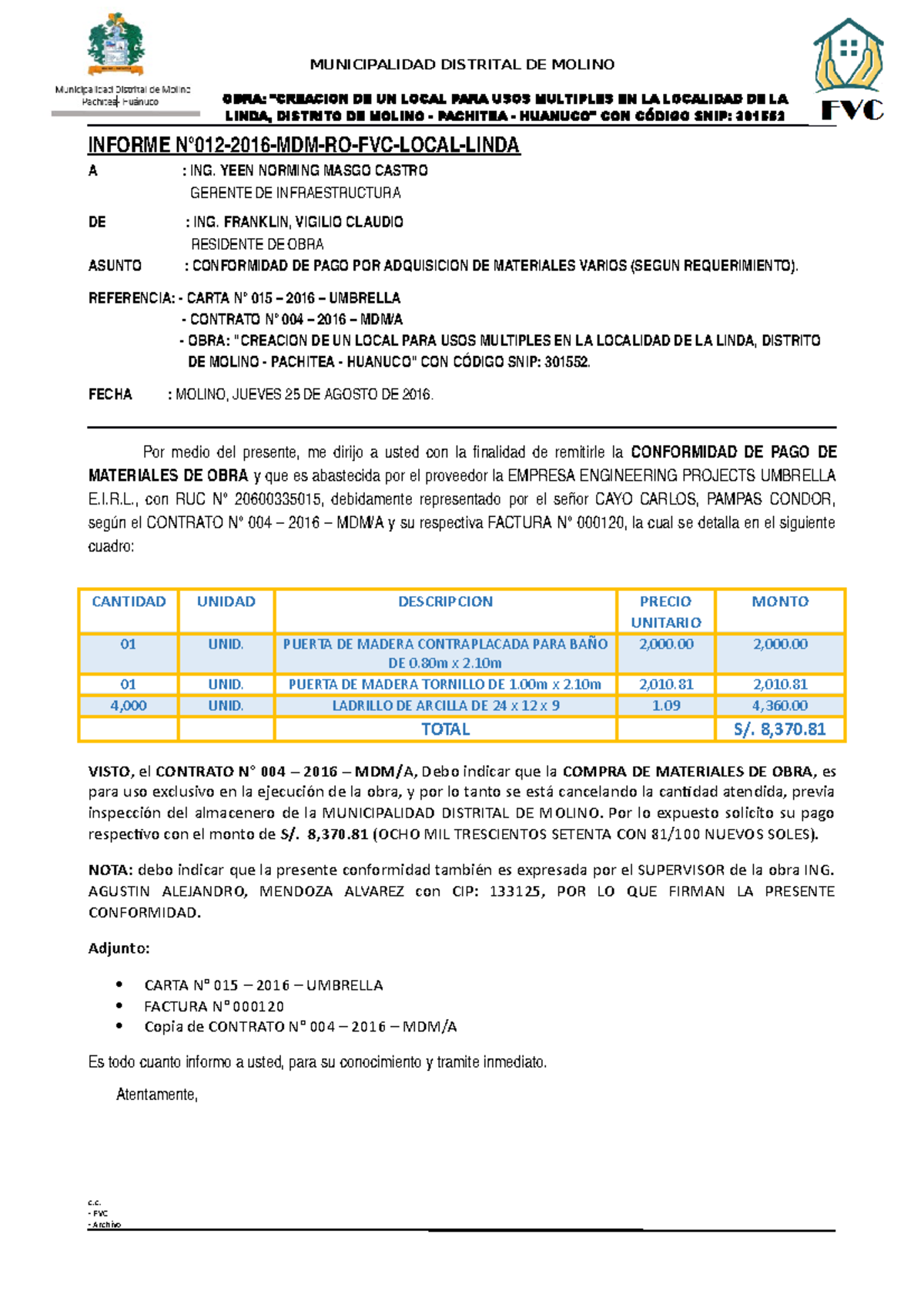 Informe N°012-2016-MDM-RO-FVC- Conformidad DE Compra Puertas Y ...