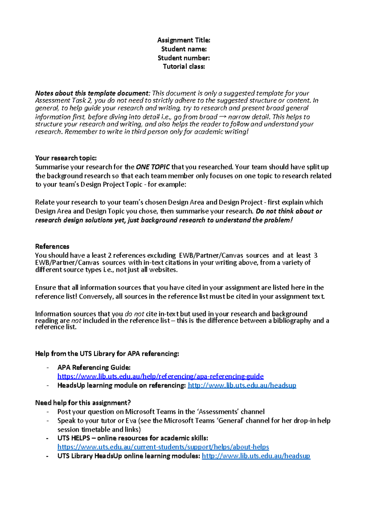 Assessment Task 1 - Template - Assignment Title: Student name: Student ...