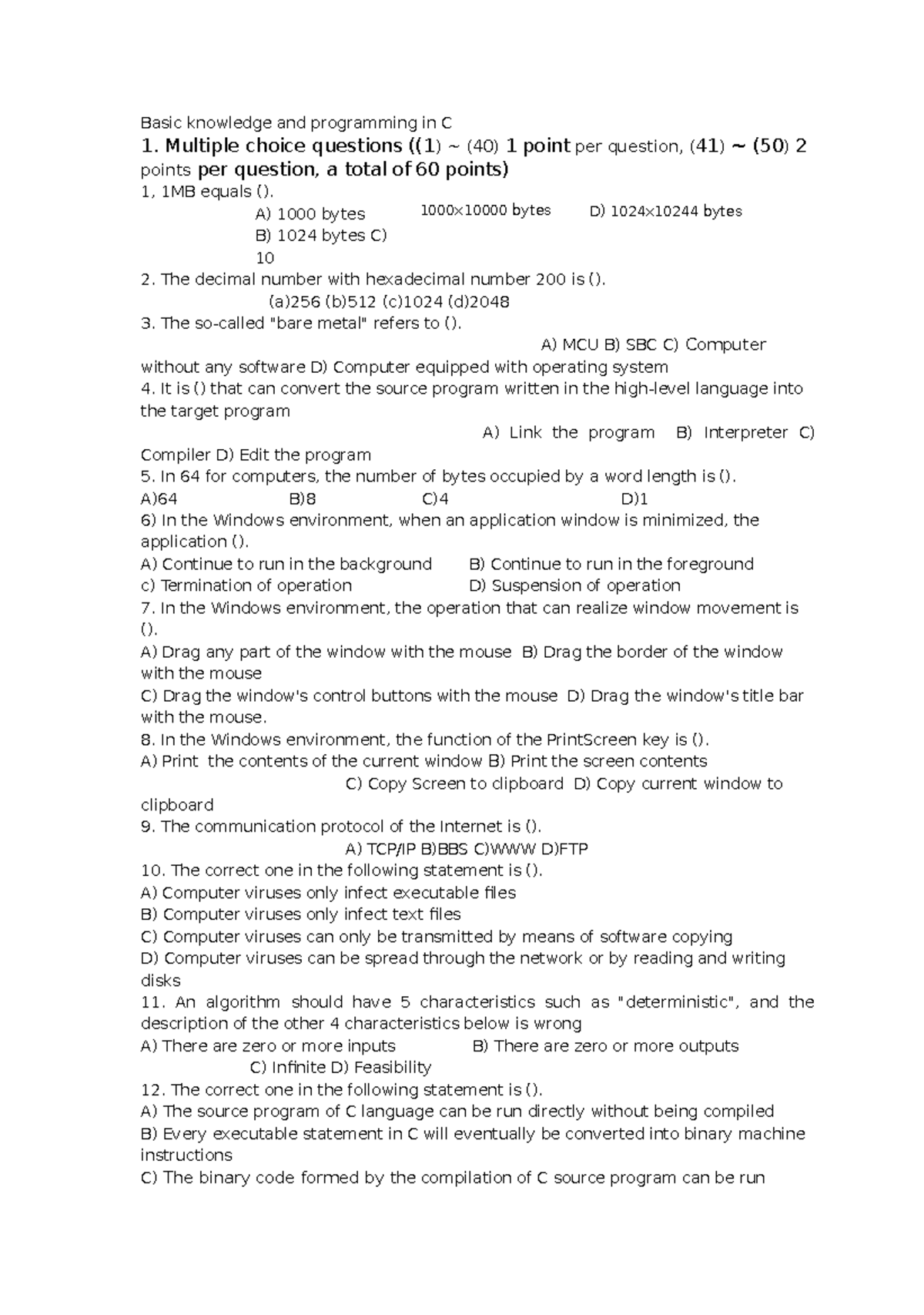 Basic knowledge and programming in C - Multiple choice questions ((1 ...