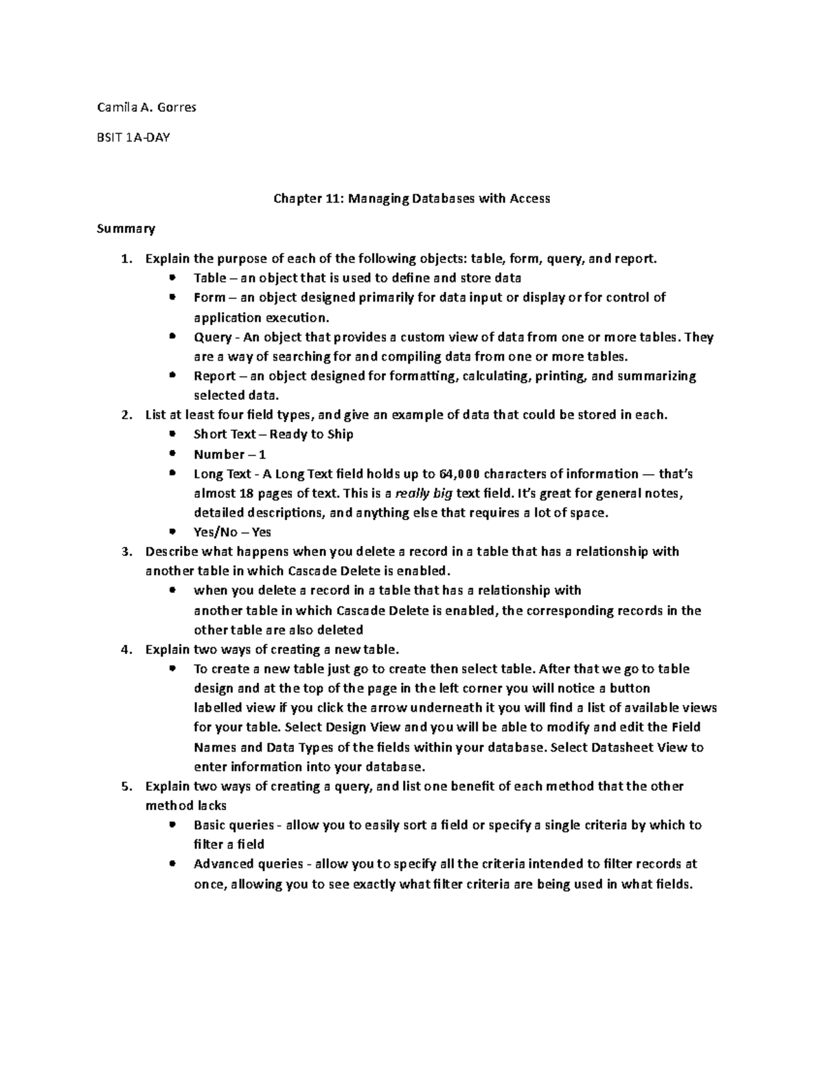Chapter 11 Managing Databases with Access Summary - Camila A. Gorres ...