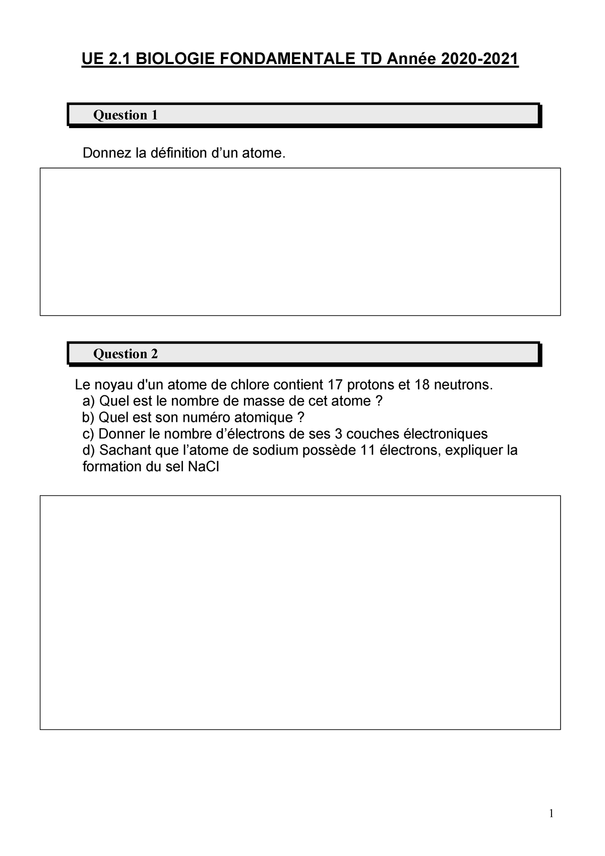 2.1 Sujet TD De Bio Fondamentale Partie 1 2020-21 - UE 2 BIOLOGIE ...