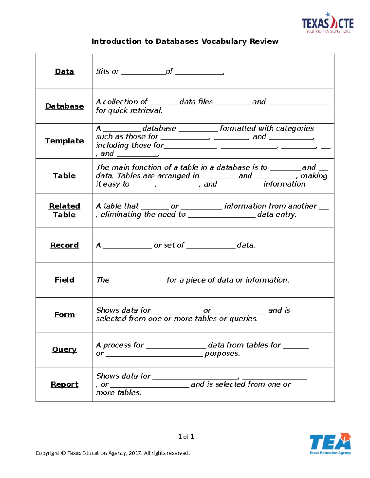 Computer Education 8 - Introduction to Databases Vocabulary Review Data ...