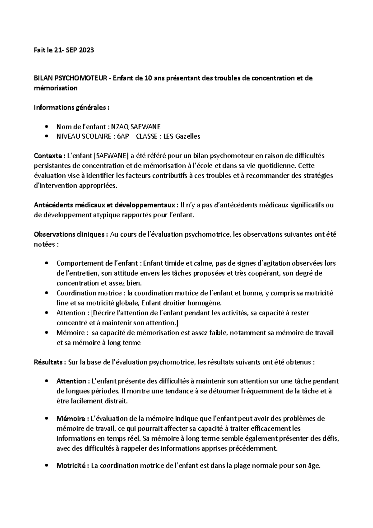 Bilan Psychomoteur Enfant 10 Ans Fait Le 21 Sep 2023 Bilan Psychomoteur Enfant De 10 Ans 9029