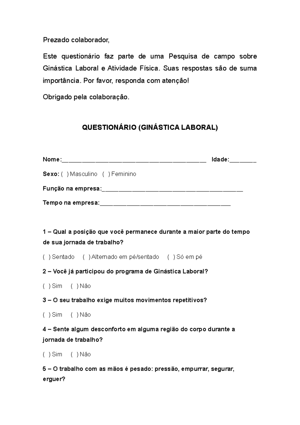 Questionario Pré-Atividade Para Academias