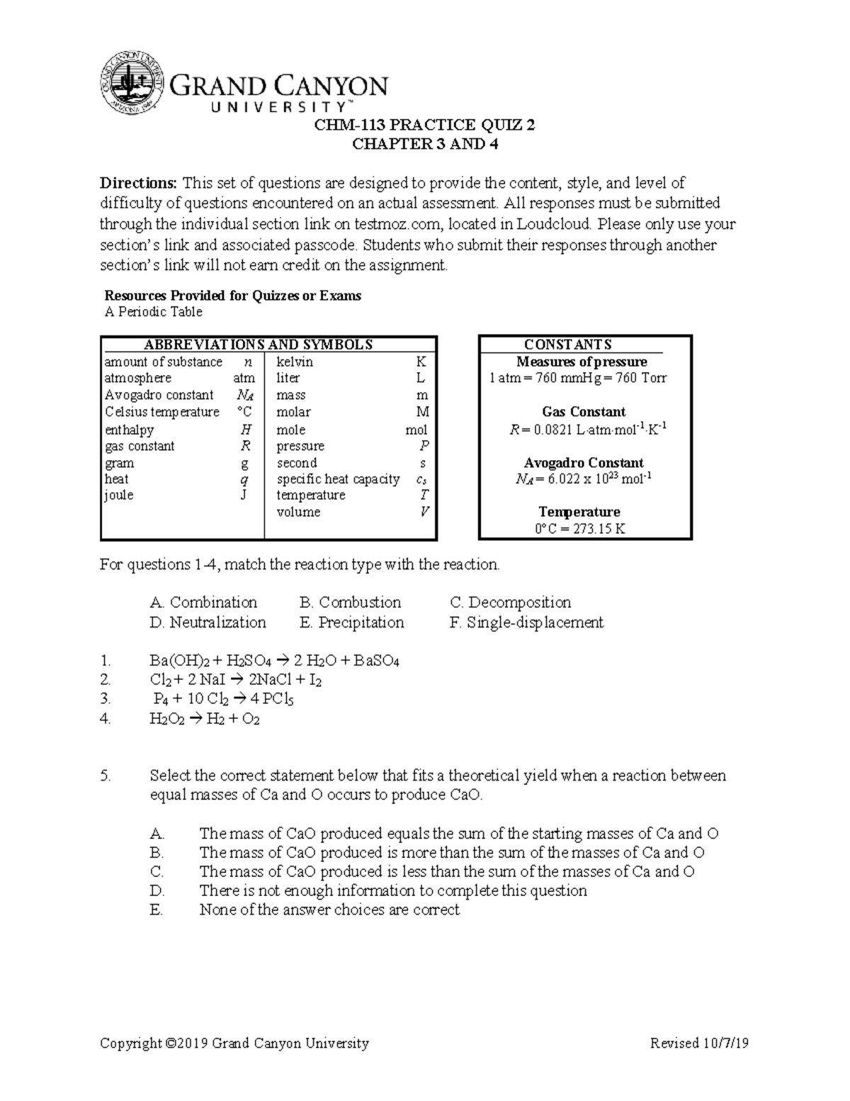 CHM113 PQ2 Ch3and4 Chapter 3 and 4 practice quiz CHM113 PRACTICE