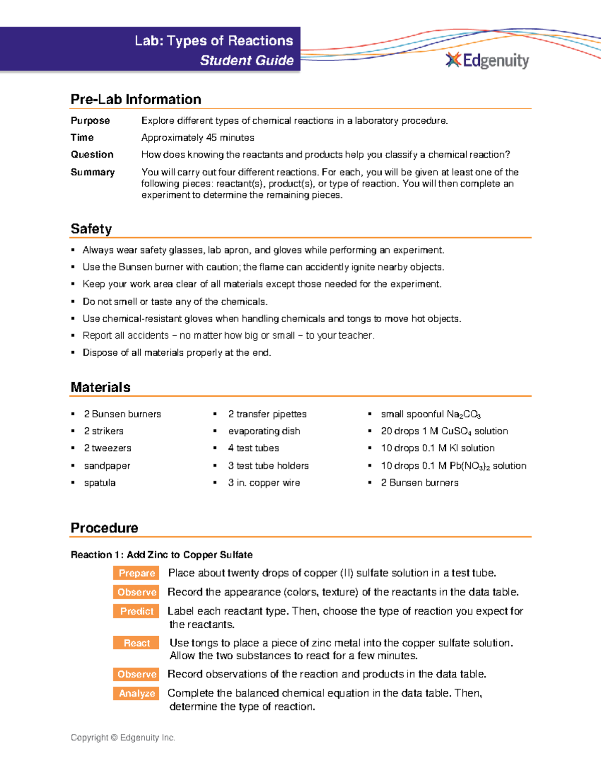 Types of Reactions Student Guide Copyright © Edgenuity Inc. Lab Types of Reactions Student