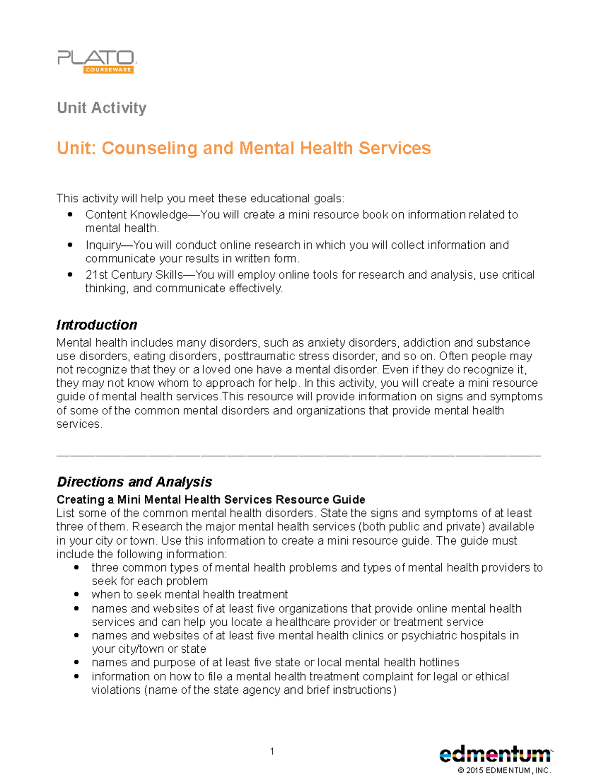 Ap Biology 2015 Edmentum Inc Unit Activity Unit Counseling And