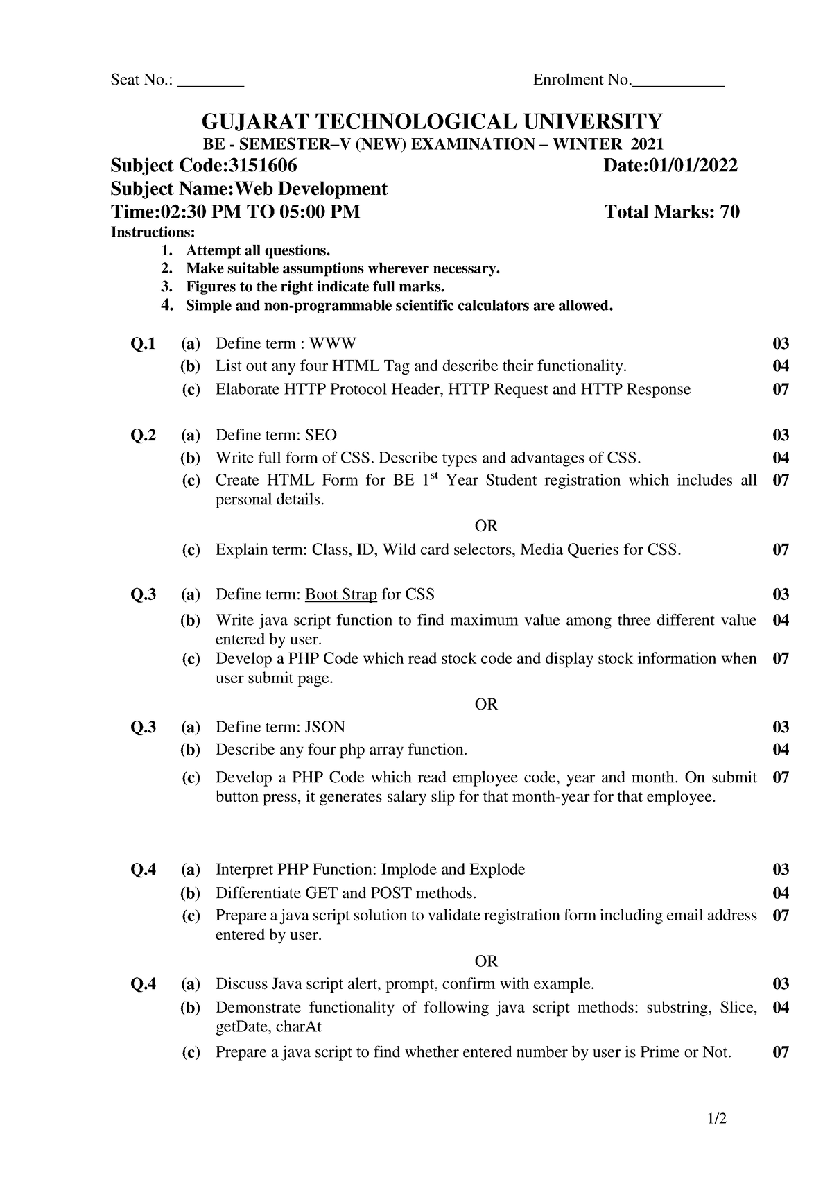 3151606 BE Winter 2021 - Gtu Paper - 1/ Seat No.: ________ Enrolment No ...