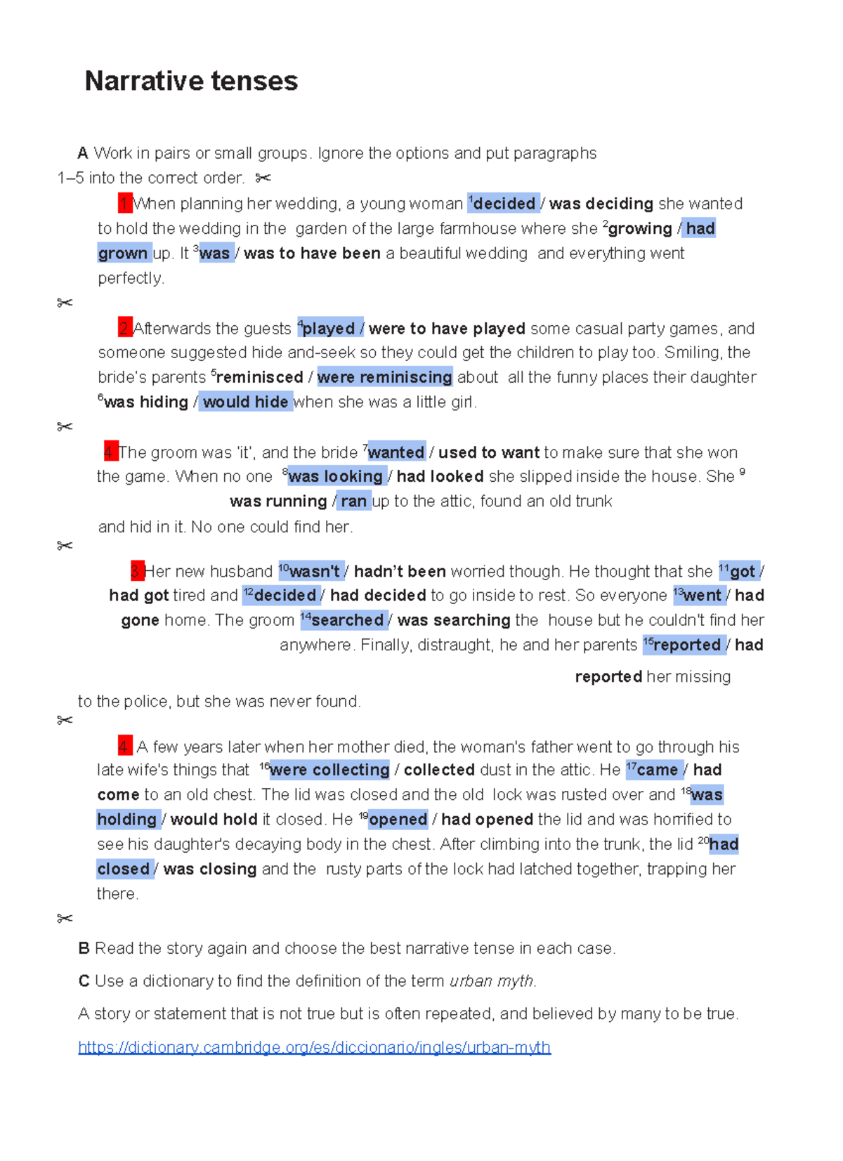 Narrative Tenses - Nmm,bm,bn - Narrative Tenses A Work In Pairs Or ...