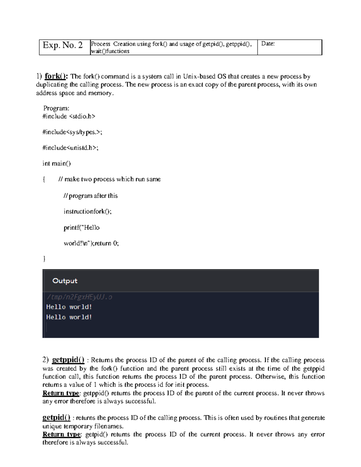 OS LAB file solution of e lab Exp. No. 2 Process Creation using