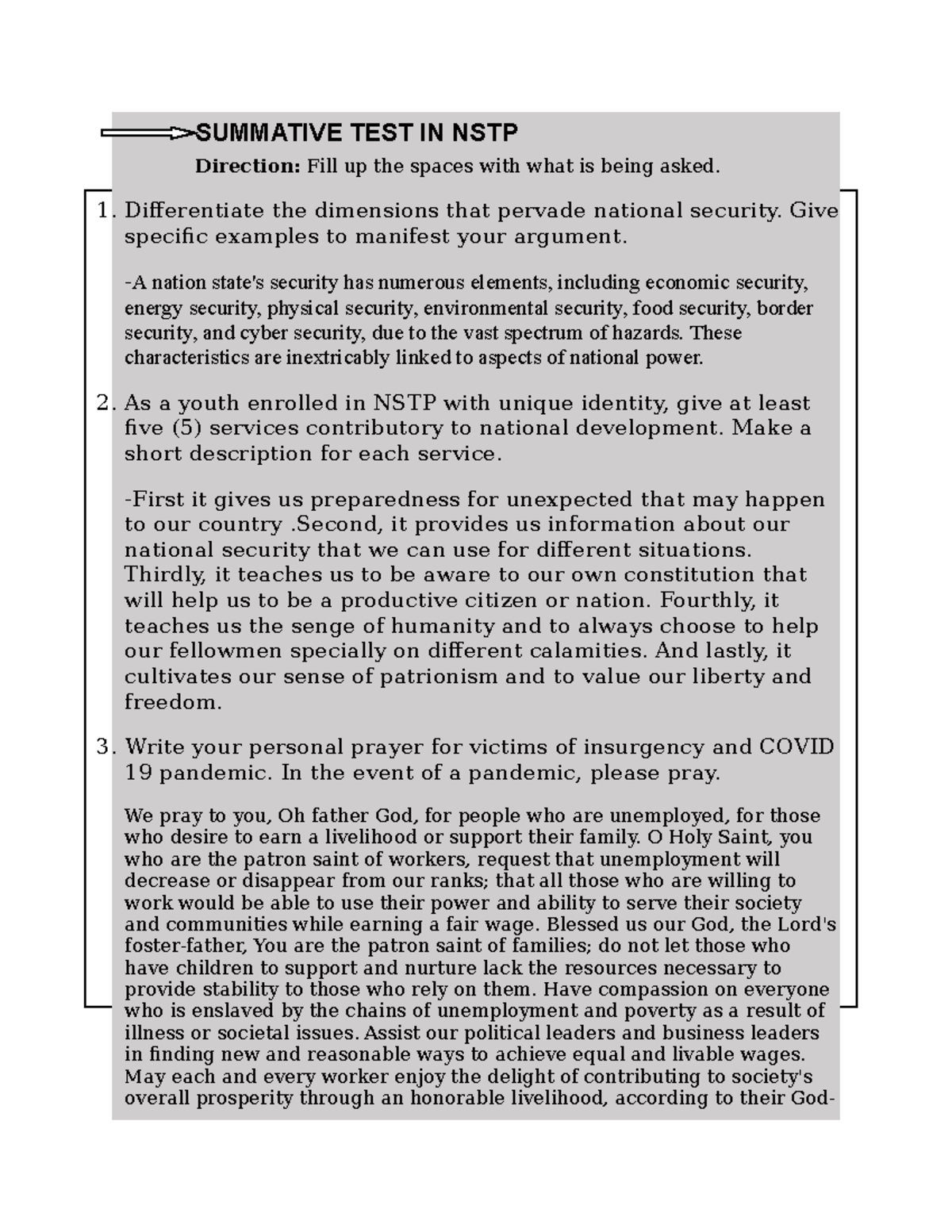 Summative TEST IN NSTP Movule V - SUMMATIVE TEST IN NSTP Direction ...
