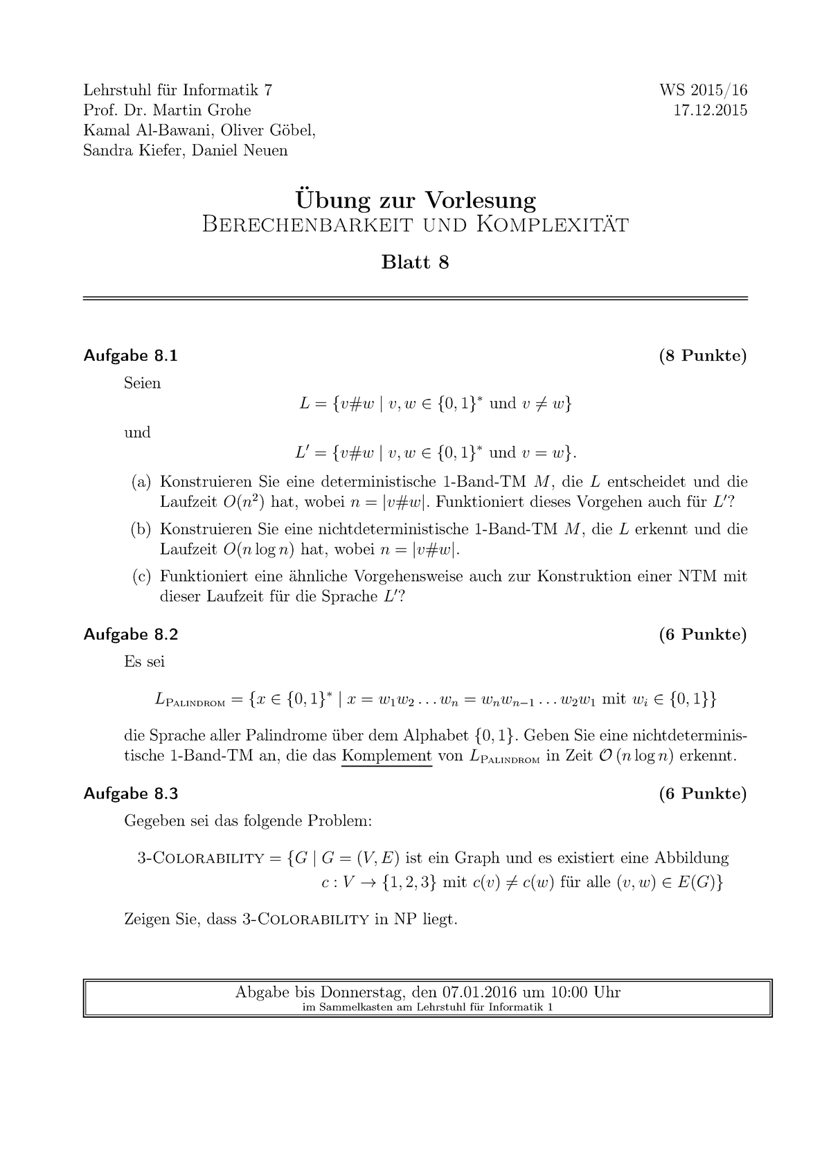 Blatt 8 Ws15 16 Rwth chen Studocu