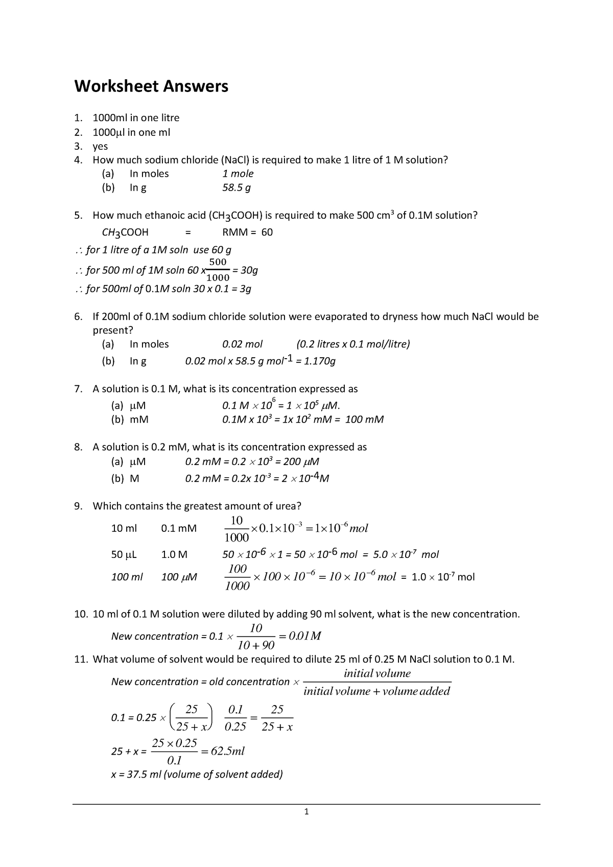 Lecture 1 Worksheet Answers Worksheet Answers 1 2 3 4 1000ml In One Litre 1000 L In One Ml Yes Studocu