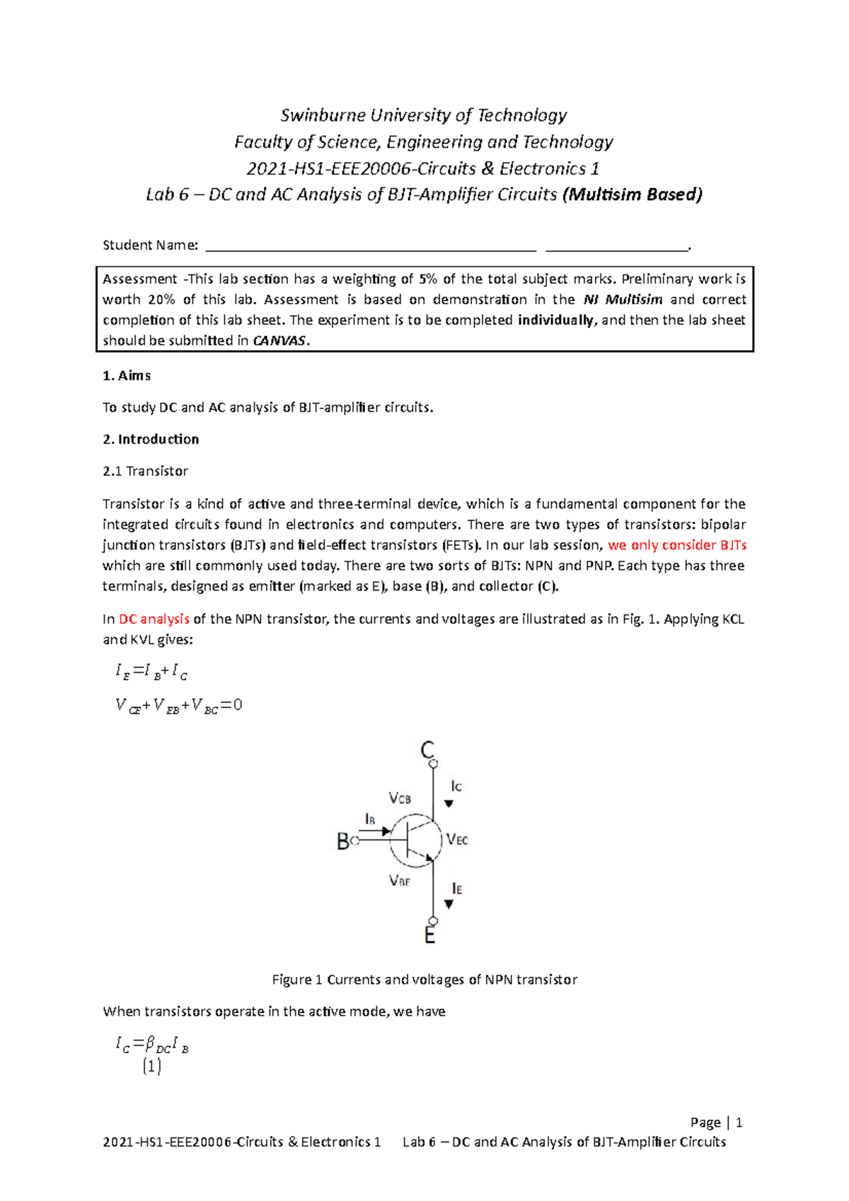 Lab 6–DC And AC Analysis Of BJT-Amplifier Circuits - Assessment -This ...