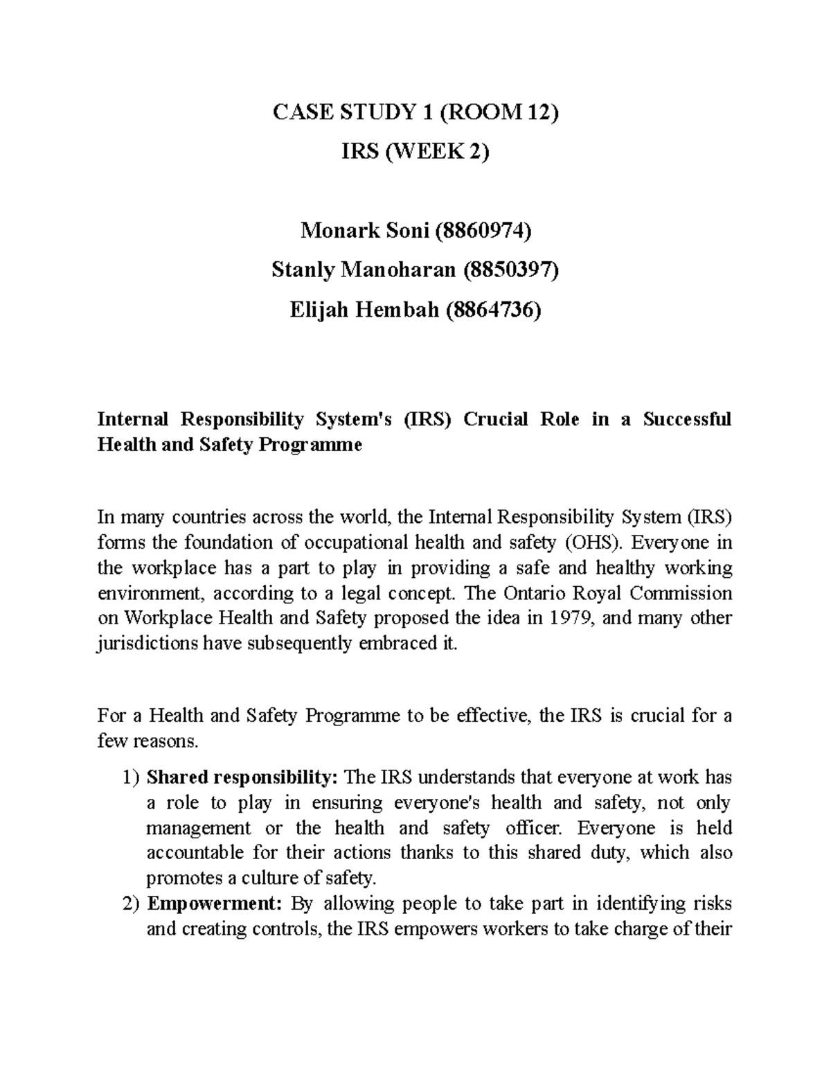 Case Study 1 - IRS (Week 2) (Room 12) - CASE STUDY 1 (ROOM 12) IRS ...