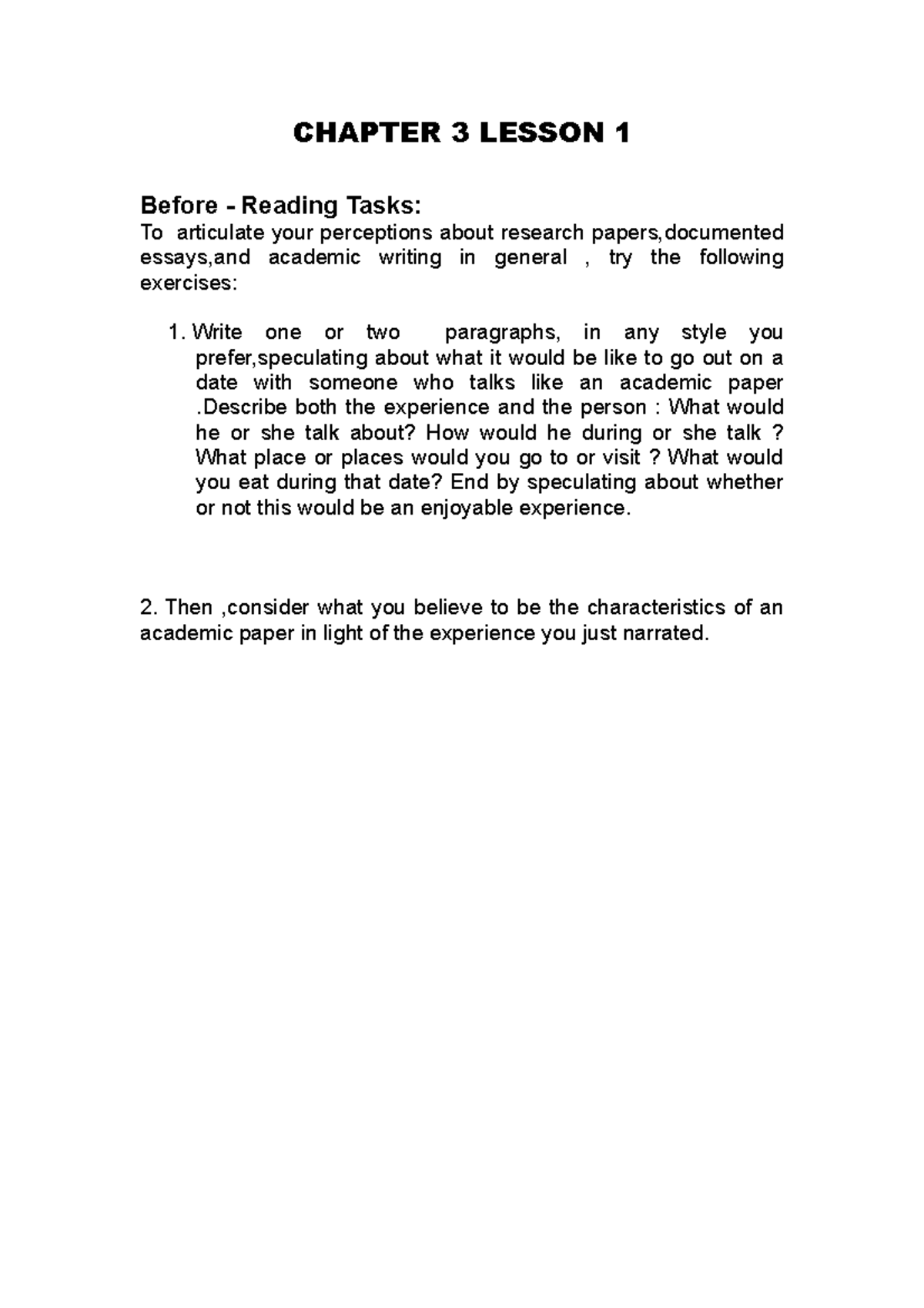Chapter 3 Lesson 1 - CHAPTER 3 LESSON 1 Before - Reading Tasks: To ...