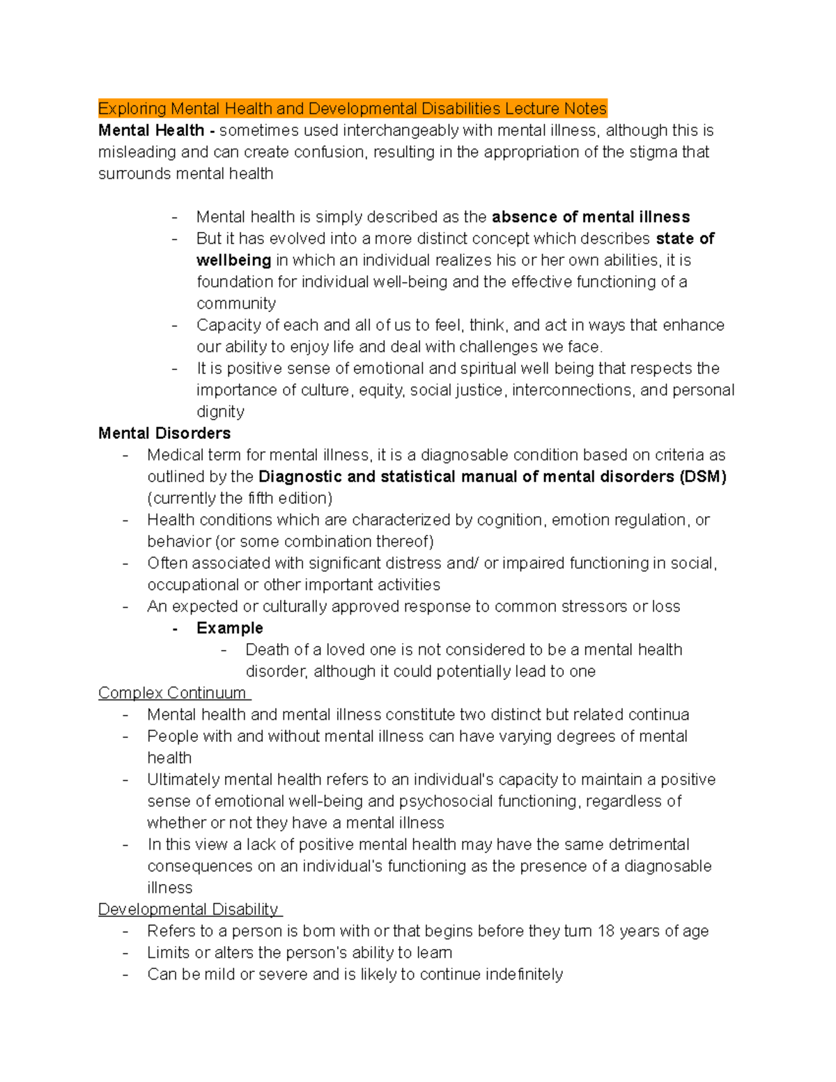Exploring Mental Health and Developmental Disabilities EXAM Review
