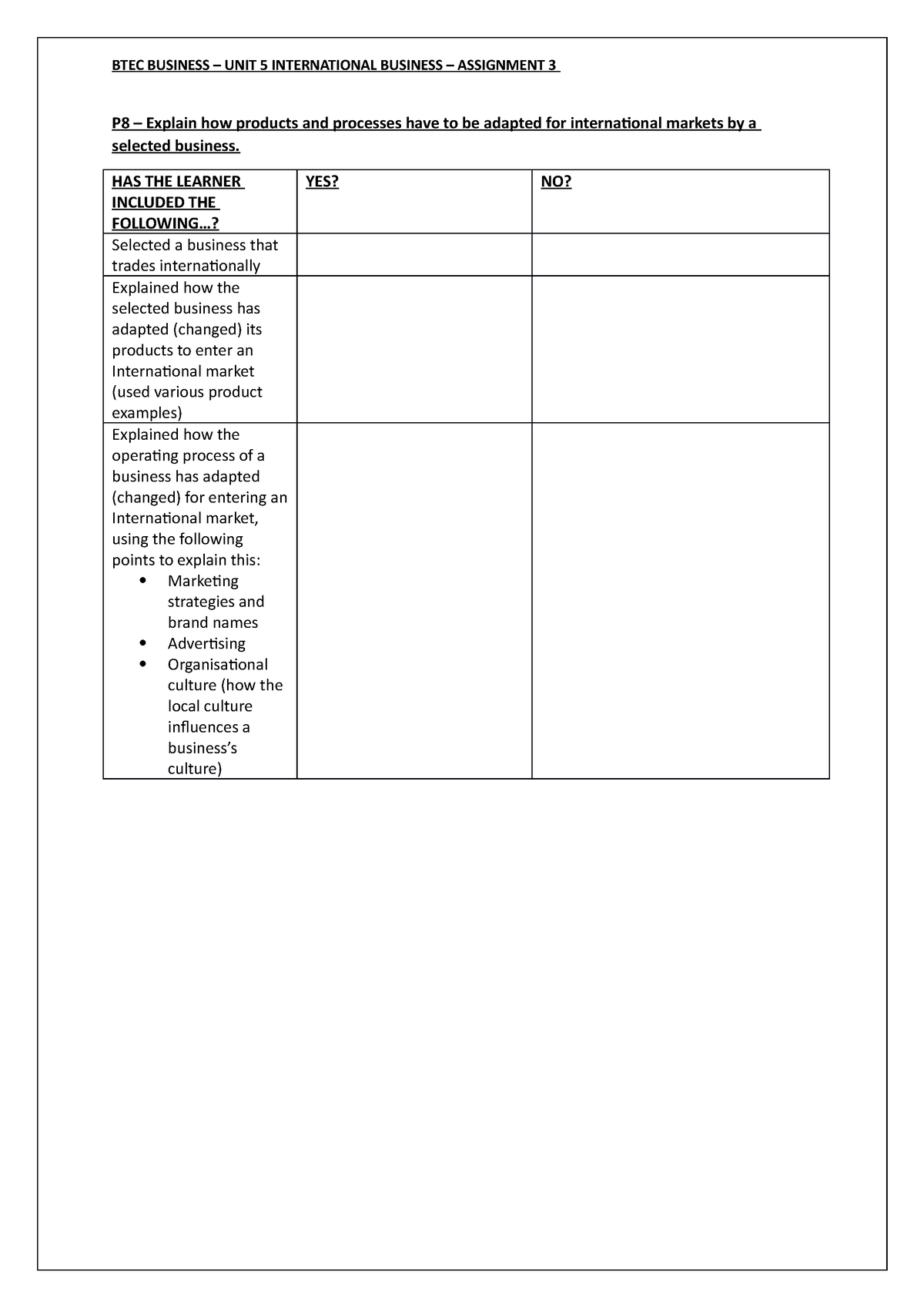 unit 5 international business assignment 2 checklist