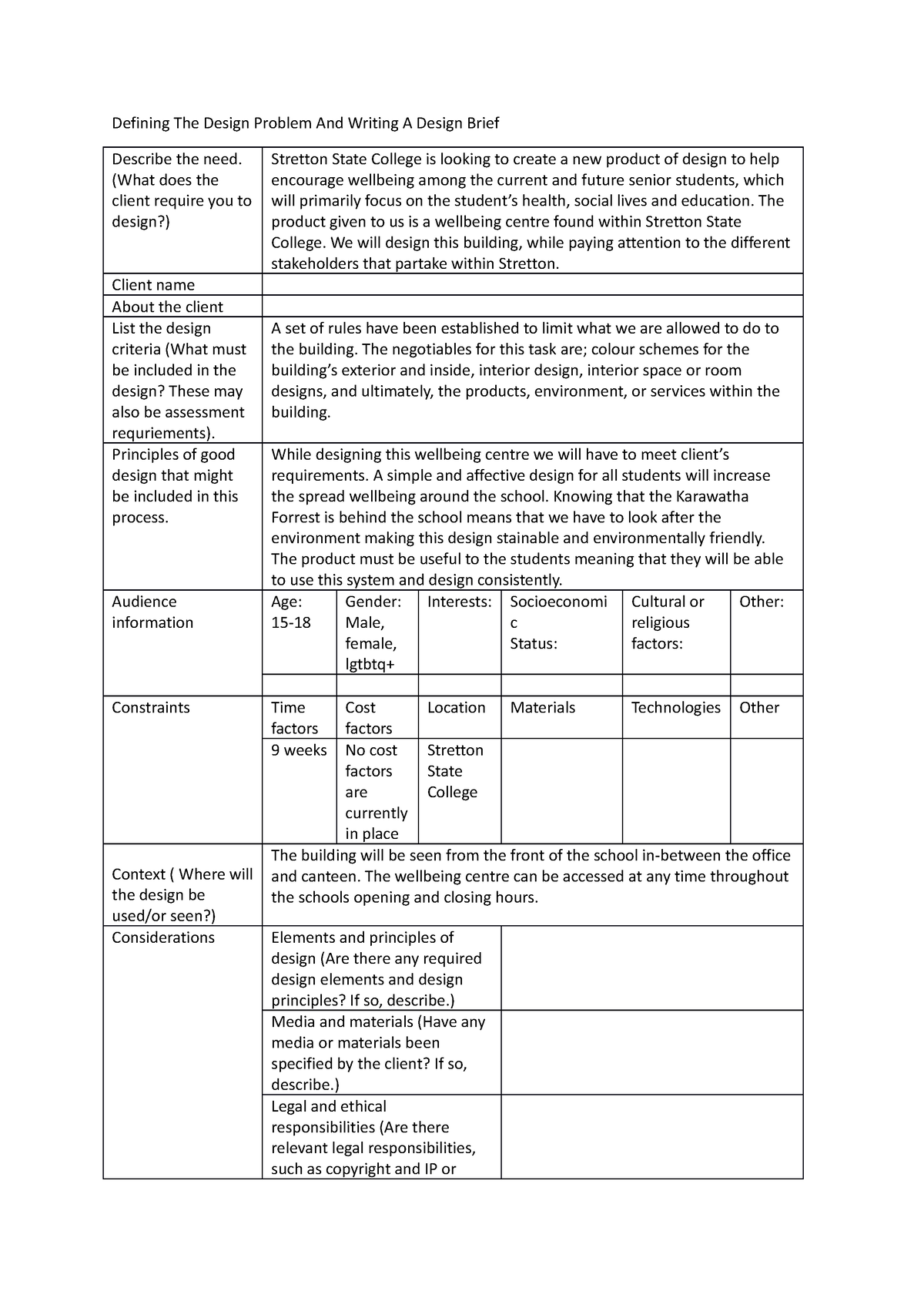 Defining The Design Problem And Writing A Design Brief - (What does the ...