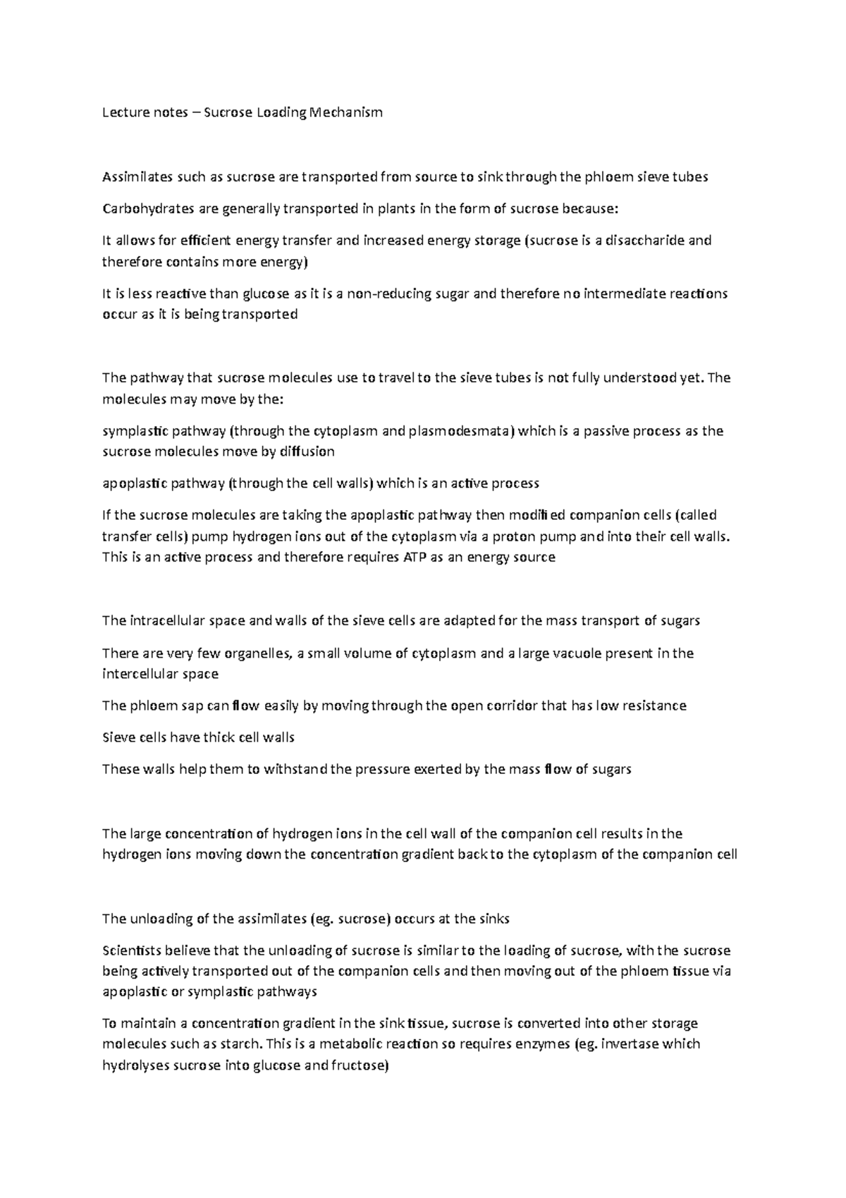 Lecture notes – Sucrose Loading Mechanism - Lecture notes – Sucrose ...