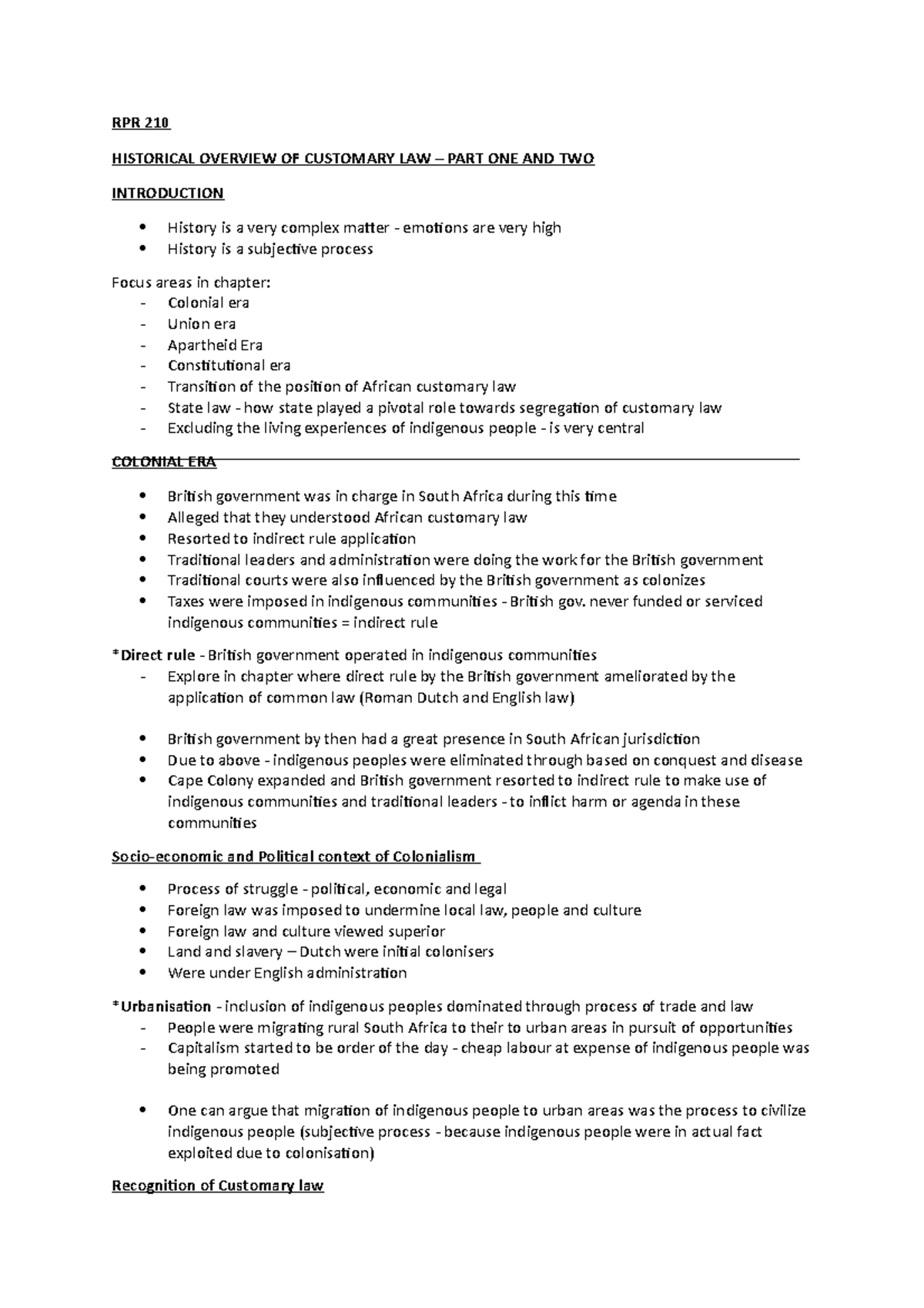 CH 1 - Historical overview of Customary law notes - RPR 210 HISTORICAL ...