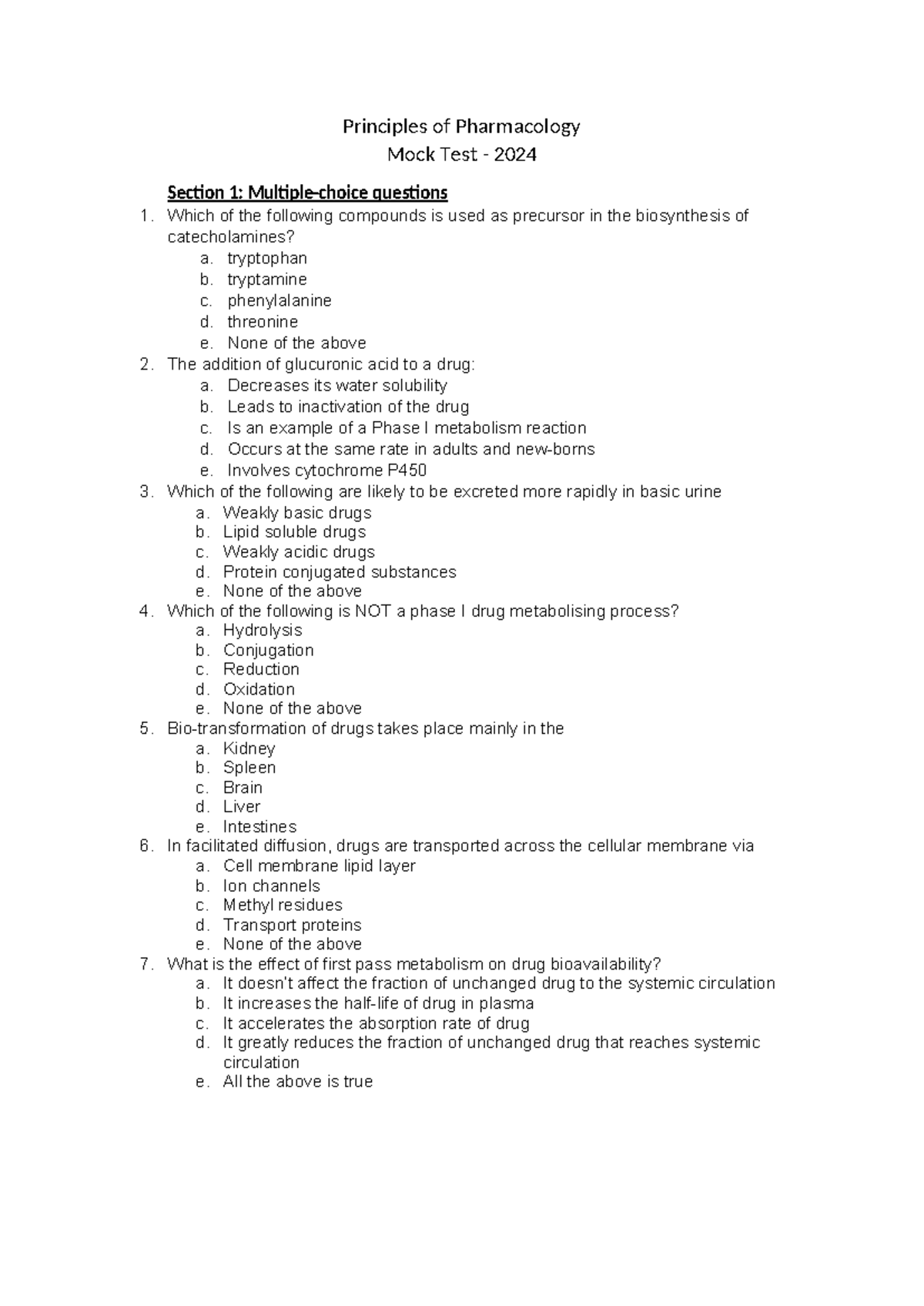 Principles of Pharmacology mock test Principles of Pharmacology