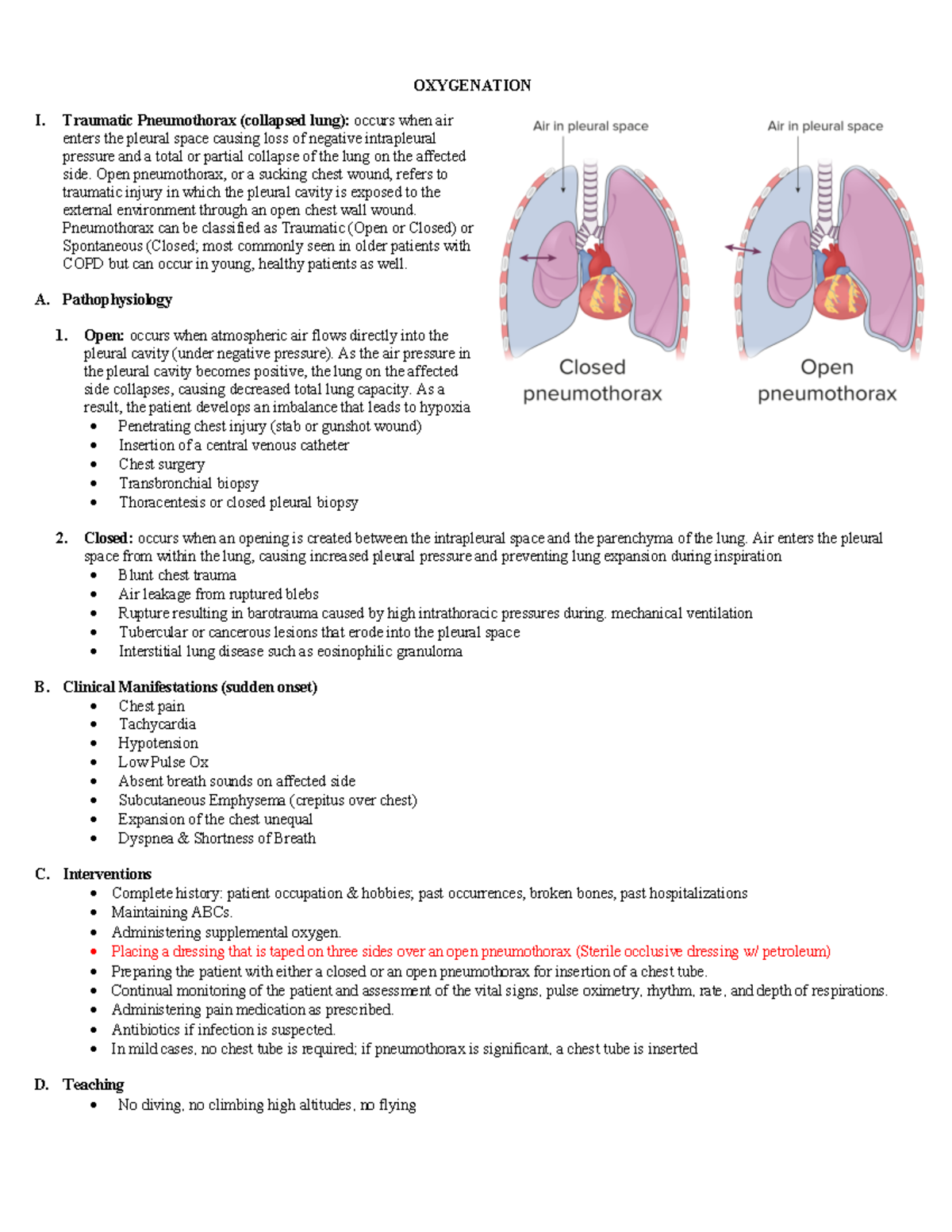 Chest trauma - oxygenation - OXYGENATION I. Traumatic Pneumothorax ...