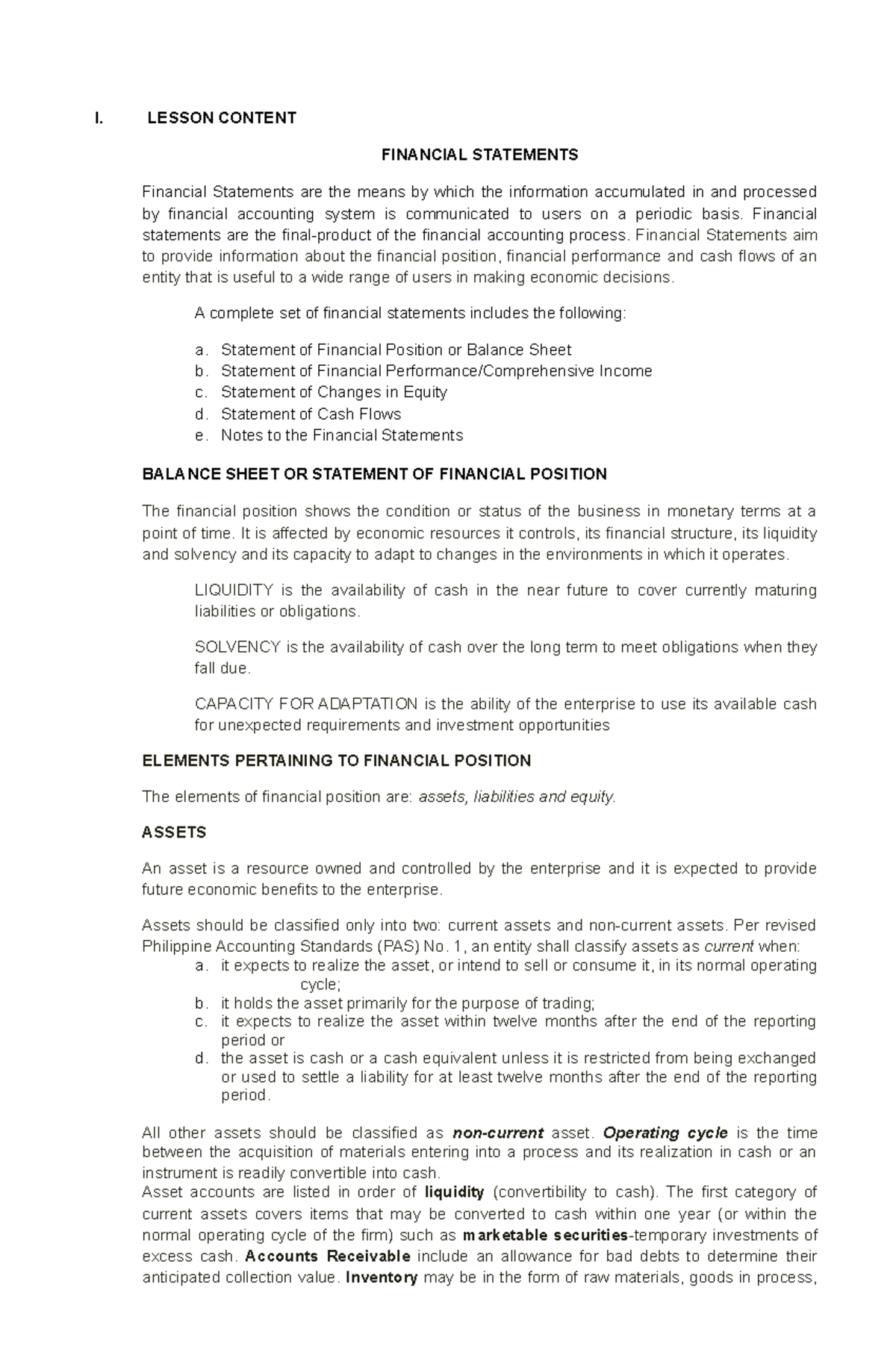 Module I. Review Of Accountintg - I. Lesson Content Financial 