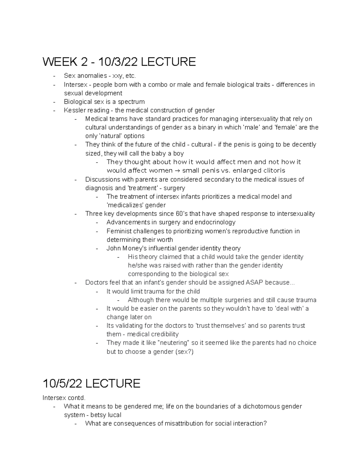 SOC 132 Week 2 Notes - WEEK 2 - 10/3/22 LECTURE Sex anomalies - xxy ...