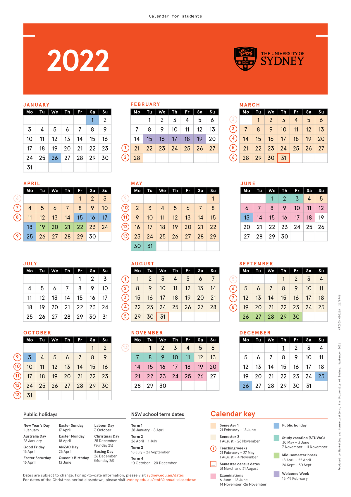 Student wall calendar 2022 Usyd Dates Are Subject To Change For Up 