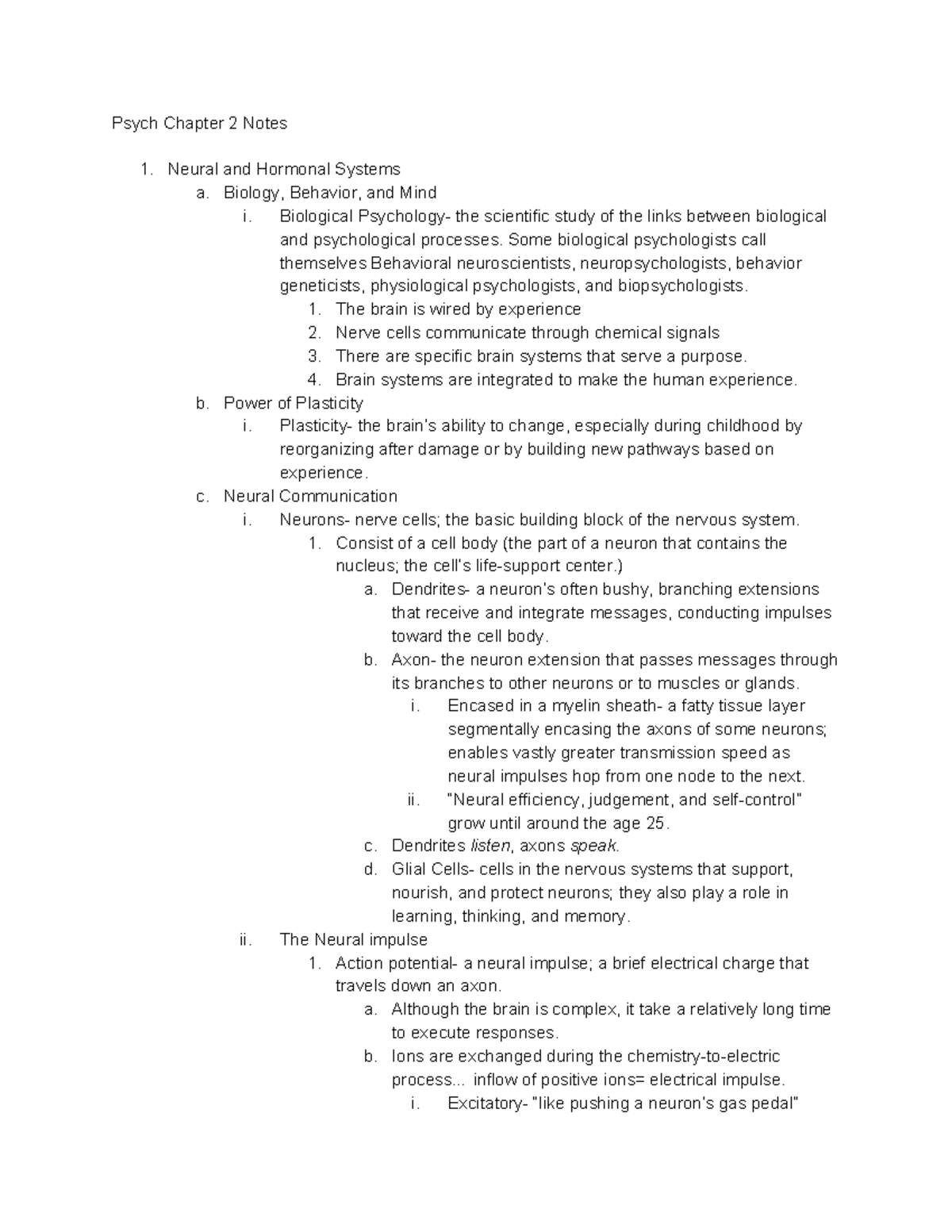 Psych Chapter 2 Notes 1 Neural And Hormonal Systems, Biology, - Psych ...