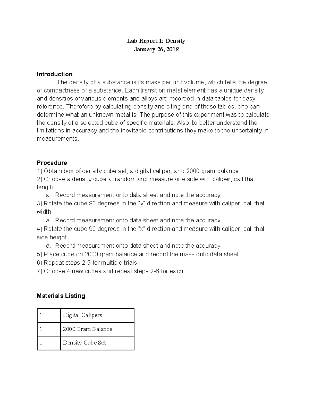 Lab Report 1: Density Of A Substance January 26, 2018, - Lab Report 1 ...