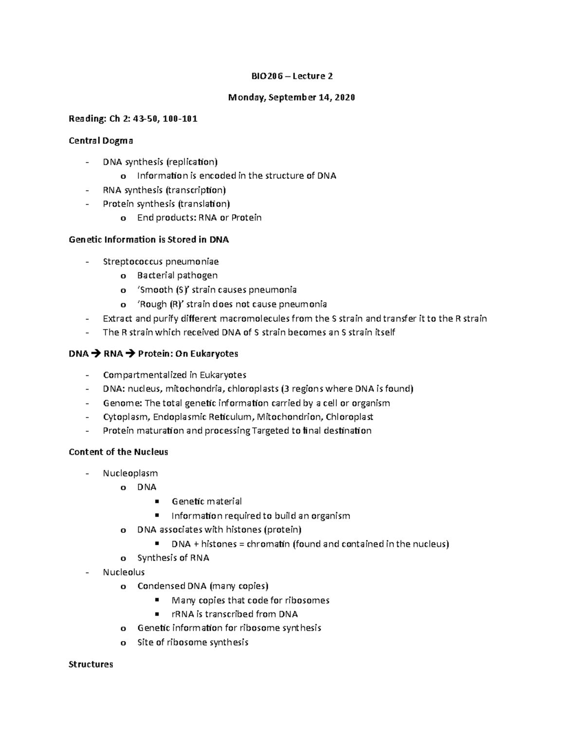 BIO LECTURE NOTES - BIO206 – Lecture 2 Monday, September 14, 2020 ...