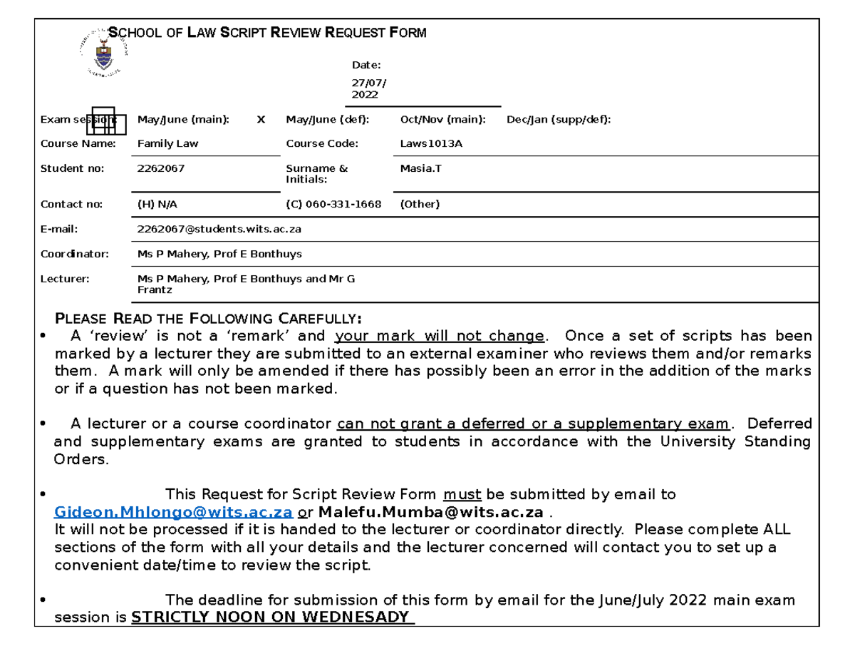 Script Review request form July 2022 - SCHOOL OF LAW SCRIPT REVIEW ...