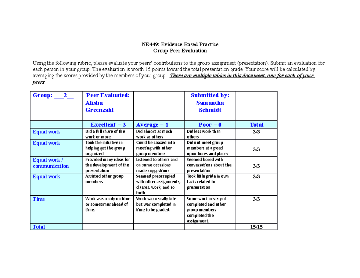 NR449 Group Presentation Peer Evaluation Form with Multiple Tables ...