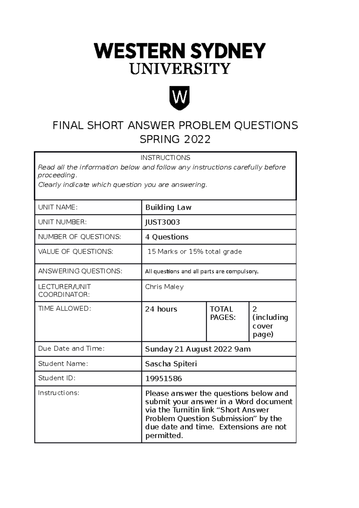 Short Answer Quiz 2022 FINAL SHORT ANSWER PROBLEM QUESTIONS SPRING