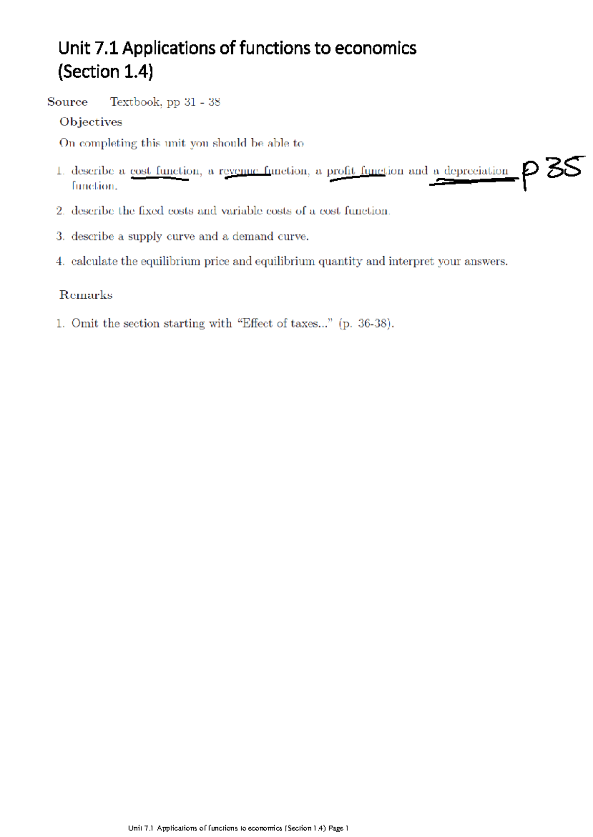 Unit 7.1 Applications of functions to economics (Section 1.4) with ...